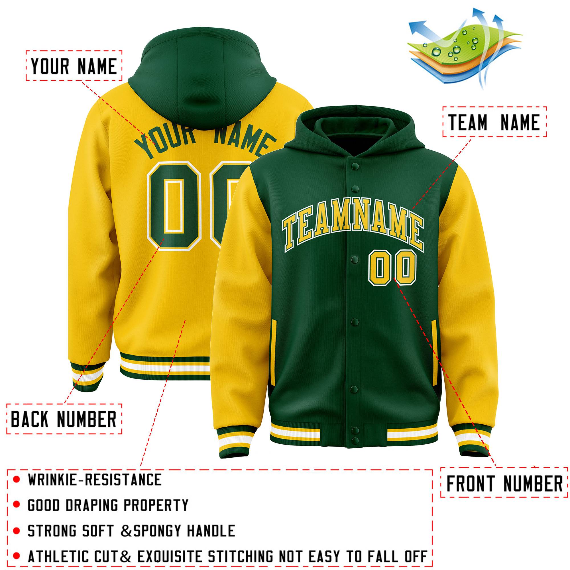 Custom Green Gold Raglan Sleeves Varsity Full-Snap Letterman Two Tone Jacket Hoodie| KXKSHOP