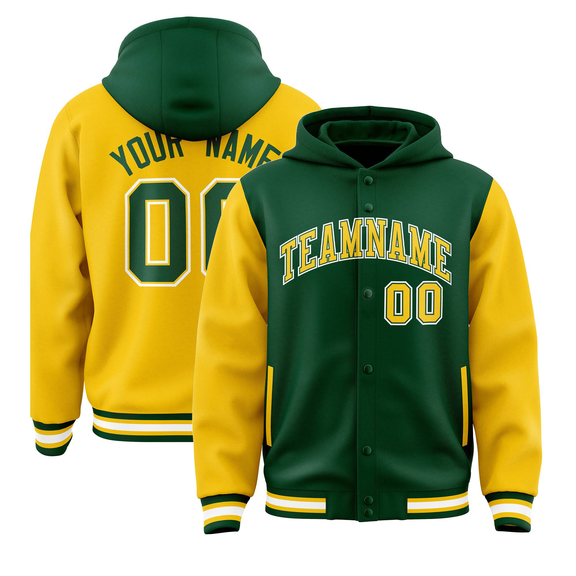 Custom Green Gold Raglan Sleeves Varsity Full-Snap Letterman Two Tone Jacket Hoodie| KXKSHOP