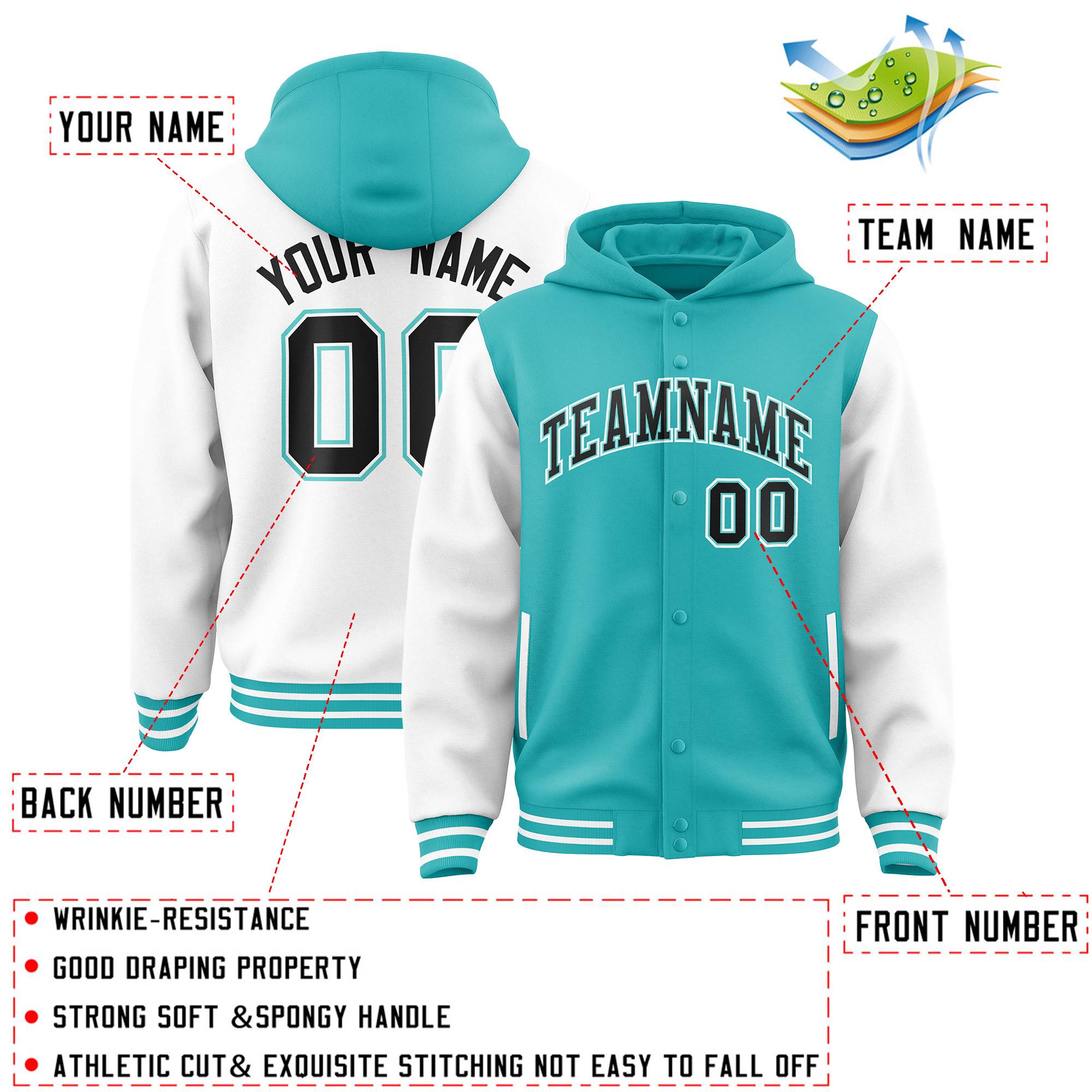 Custom Aqua White Raglan Sleeves Varsity Full-Snap Letterman Two Tone Jacket Hoodie| KXKSHOP