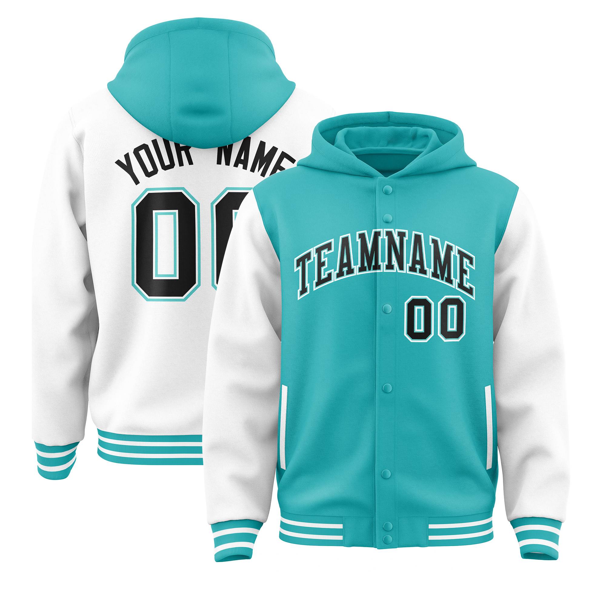 Custom Aqua White Raglan Sleeves Varsity Full-Snap Letterman Two Tone Jacket Hoodie| KXKSHOP