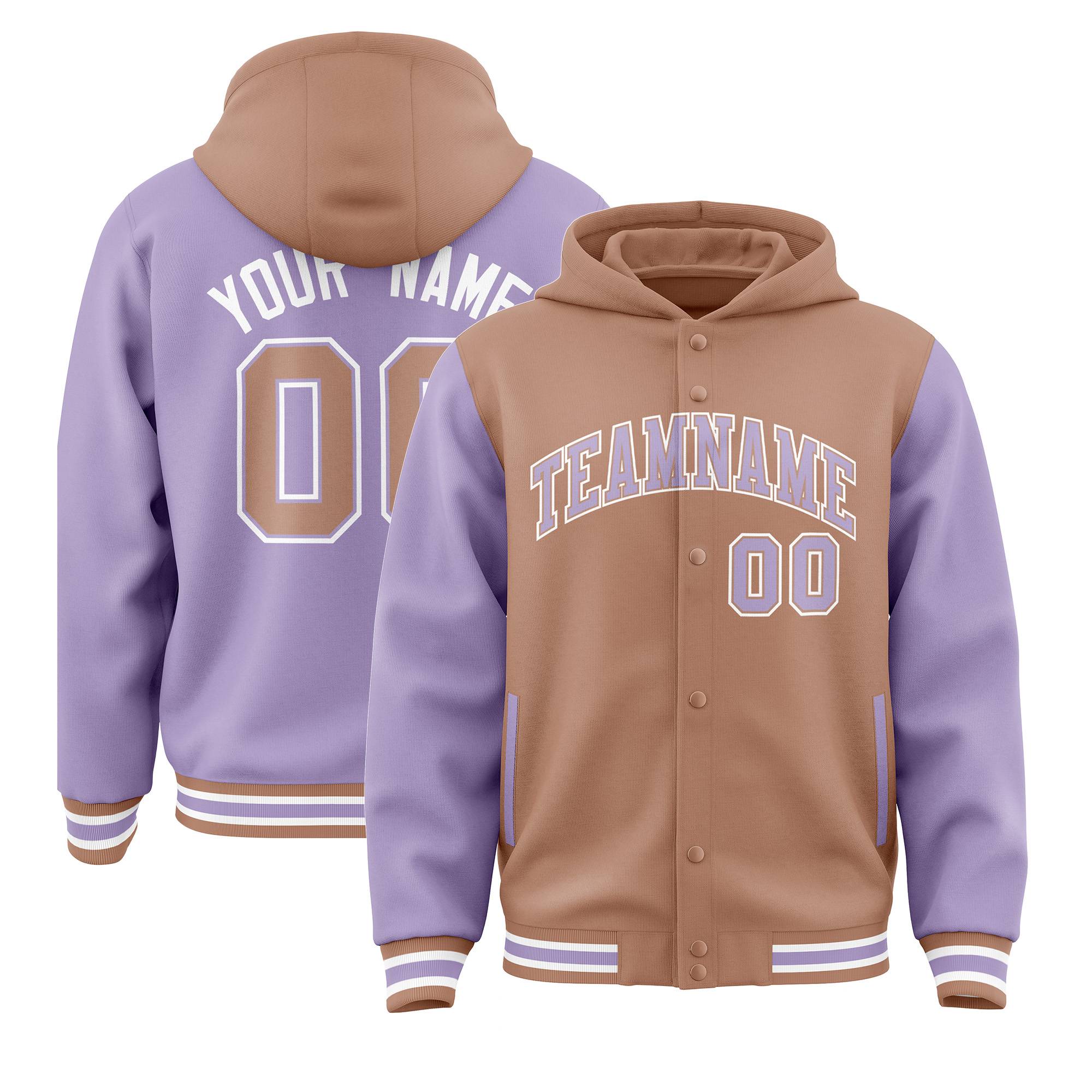 Custom Light Brown Light Purple Raglan Sleeves Varsity Full-Snap Letterman Two Tone Jacket Hoodie| KXKSHOP