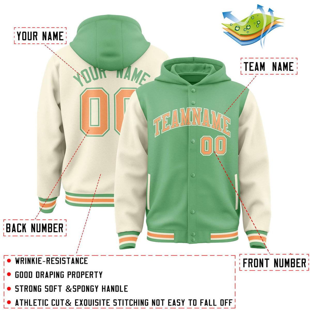 Custom Green Cream Raglan Sleeves Varsity Full-Snap Letterman Two Tone Jacket Hoodie| KXKSHOP