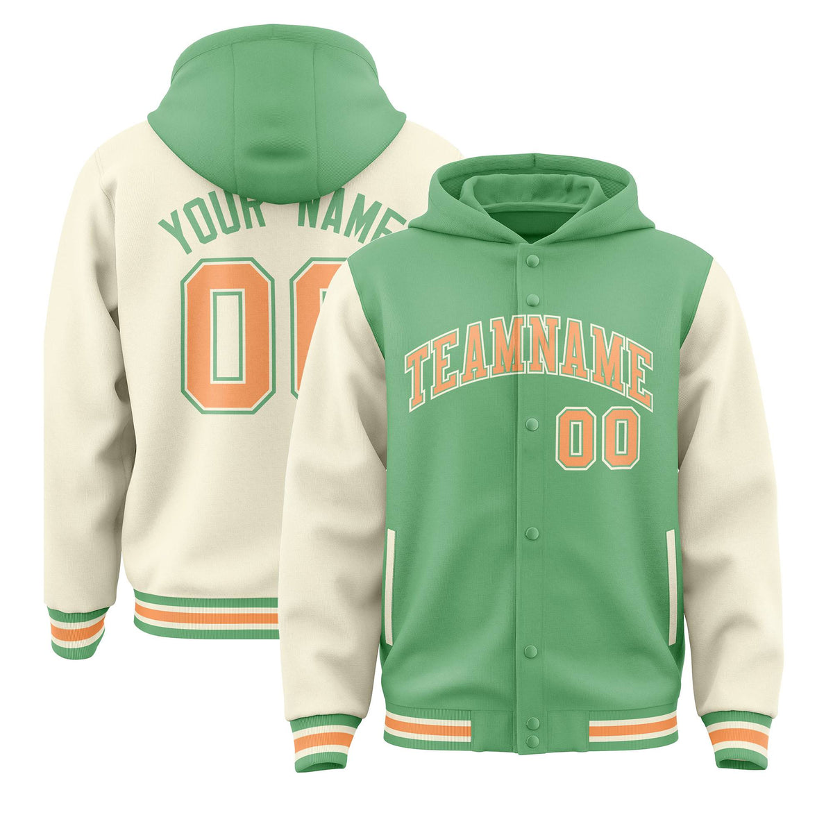 Custom Green Cream Raglan Sleeves Varsity Full-Snap Letterman Two Tone Jacket Hoodie| KXKSHOP