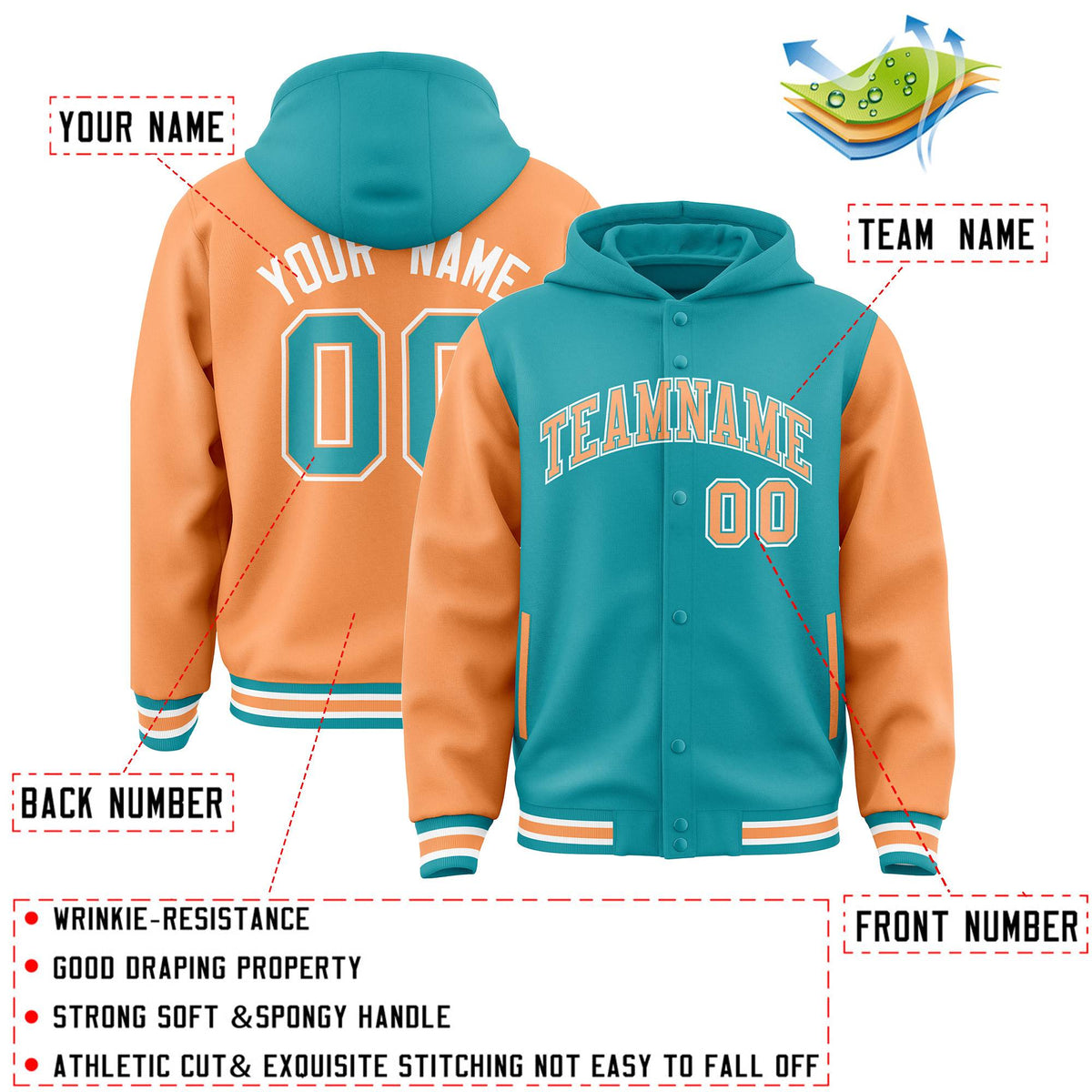 Custom Aqua Orange Raglan Sleeves Varsity Full-Snap Letterman Two Tone Jacket Hoodie| KXKSHOP