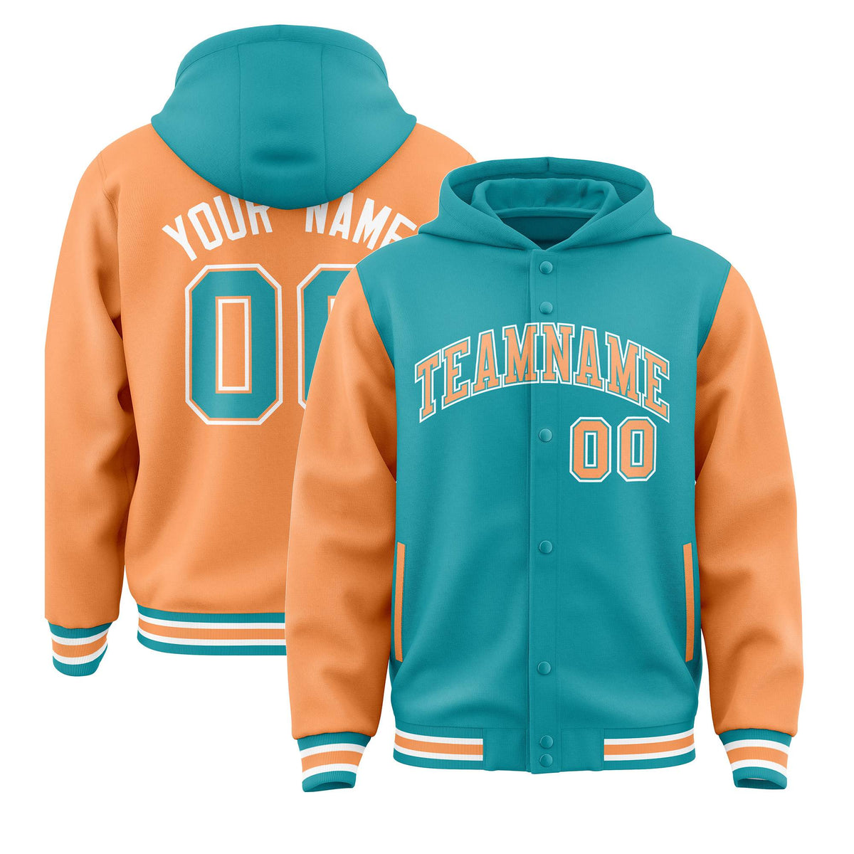 Custom Aqua Orange Raglan Sleeves Varsity Full-Snap Letterman Two Tone Jacket Hoodie| KXKSHOP