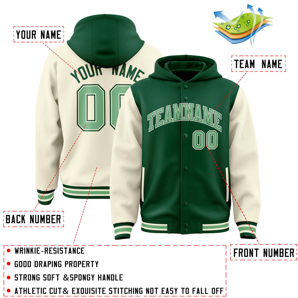 Custom Green Cream Raglan Sleeves Varsity Full-Snap Letterman Two Tone Jacket Hoodie| KXKSHOP