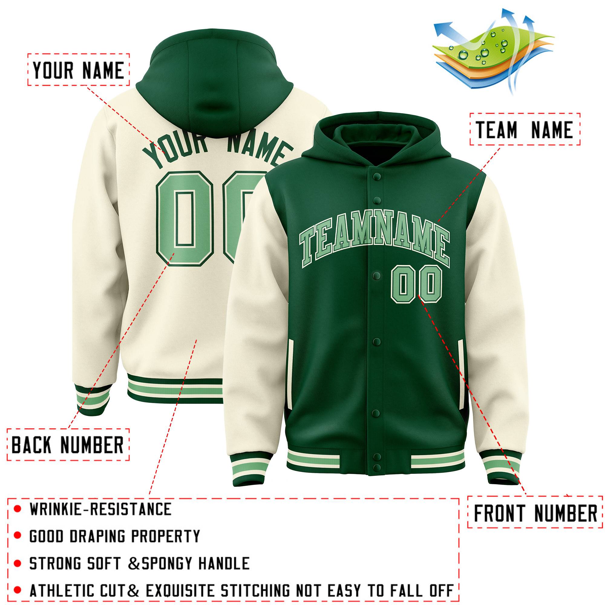 Custom Green Cream Raglan Sleeves Varsity Full-Snap Letterman Two Tone Jacket Hoodie| KXKSHOP
