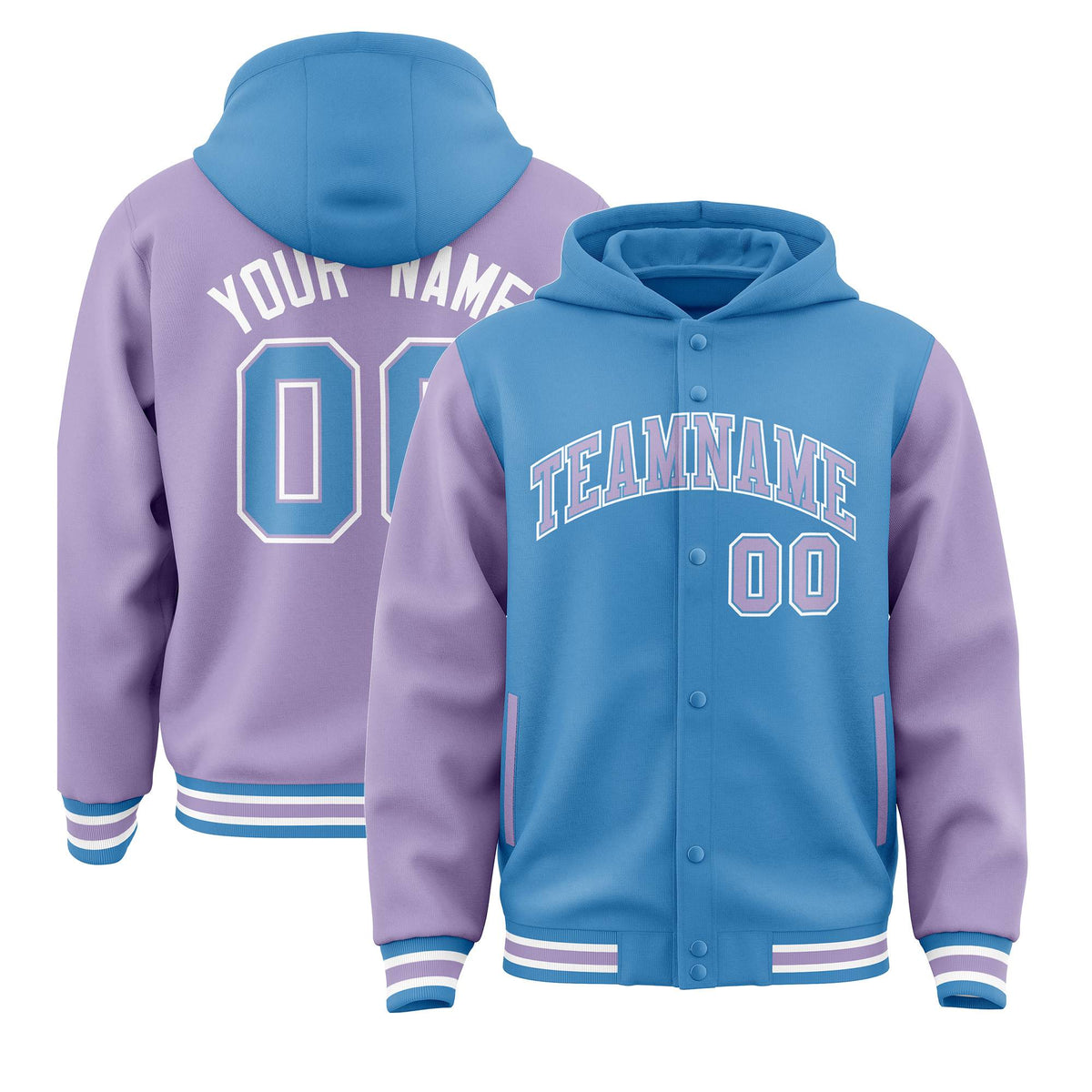 Custom Powder Blue Light Purple Raglan Sleeves Varsity Full-Snap Letterman Two Tone Jacket Hoodie| KXKSHOP