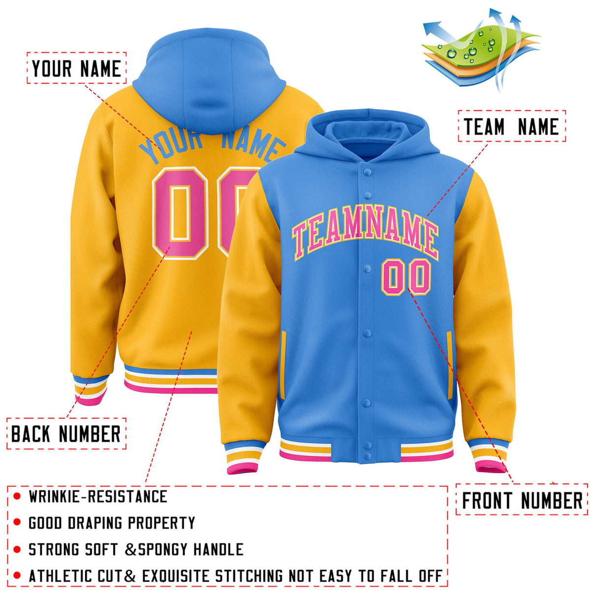 Custom Powder Blue Gold Raglan Sleeves Varsity Full-Snap Letterman Two Tone Jacket Hoodie| KXKSHOP