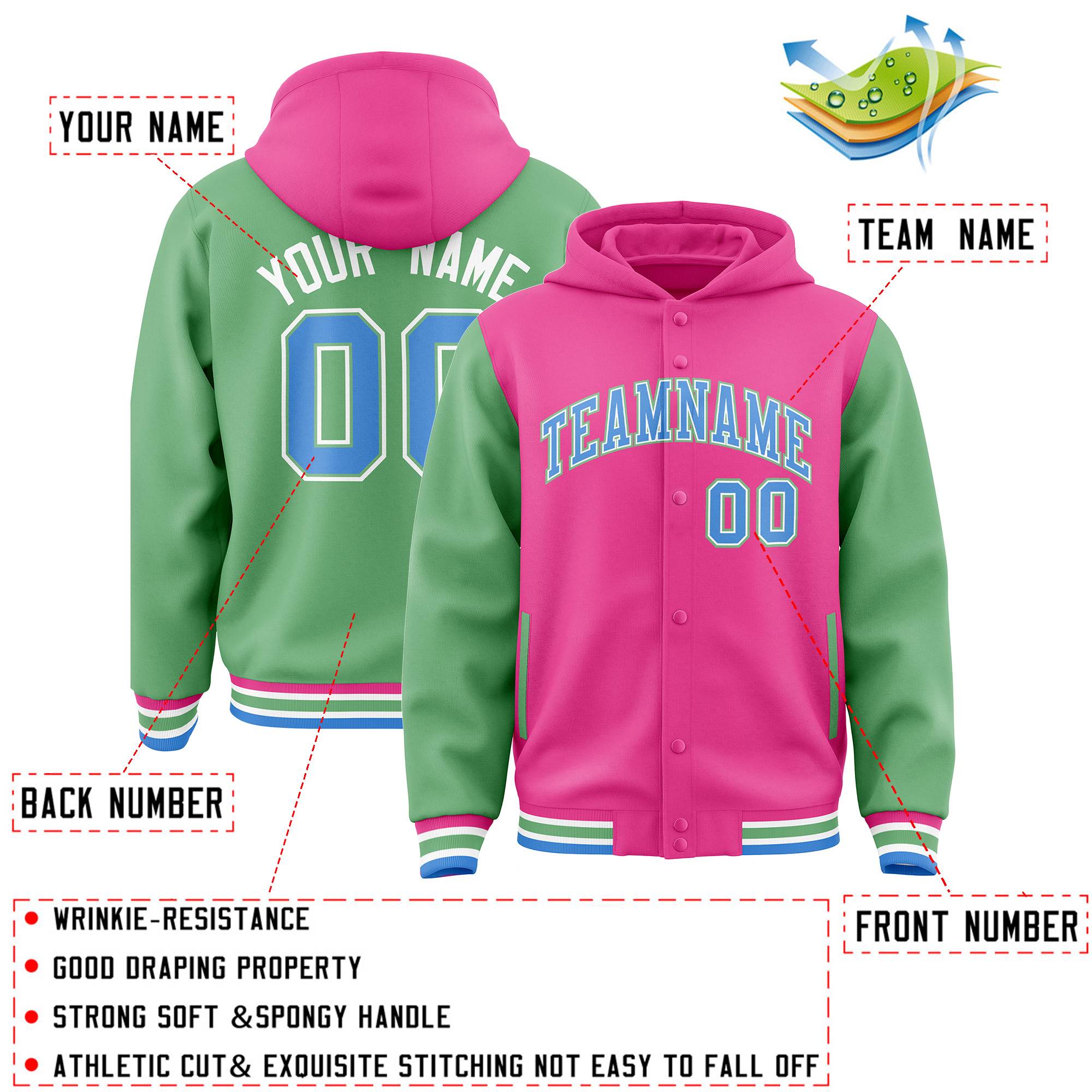 Custom Pink Green Raglan Sleeves Varsity Full-Snap Letterman Two Tone Jacket Hoodie| KXKSHOP