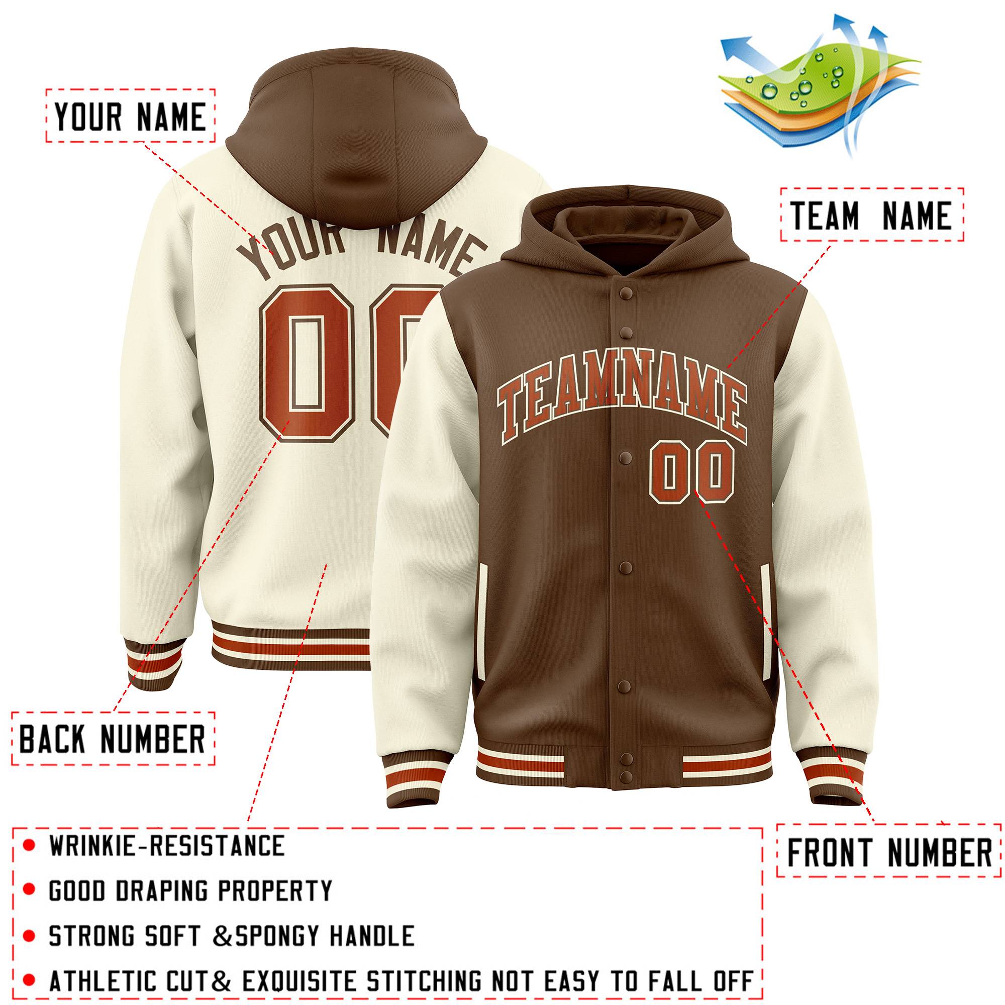 Custom Light Brown Cream Raglan Sleeves Varsity Full-Snap Letterman Two Tone Jacket Hoodie| KXKSHOP