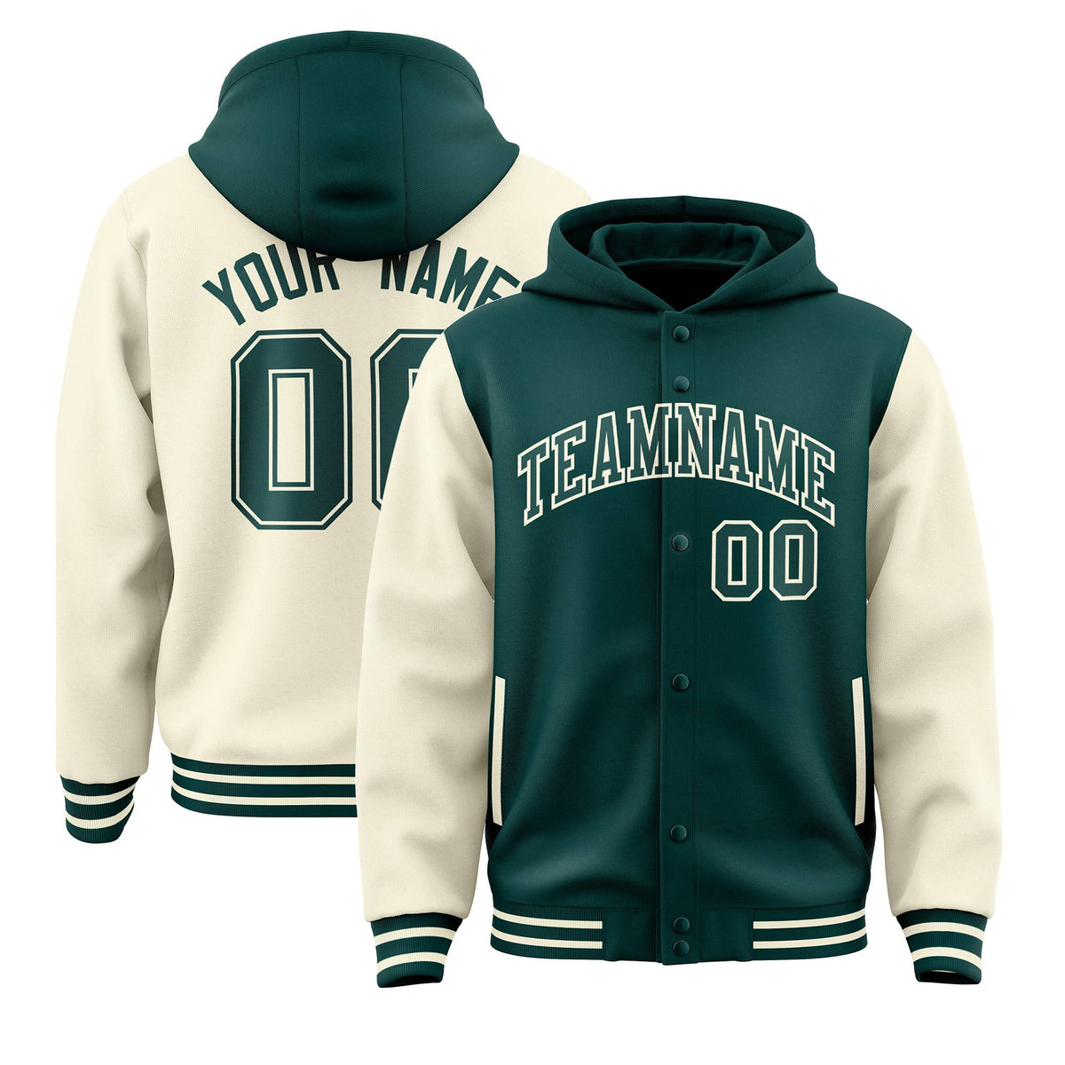 Custom Midnight Green Cream Raglan Sleeves Varsity Full-Snap Letterman Two Tone Jacket Hoodie| KXKSHOP