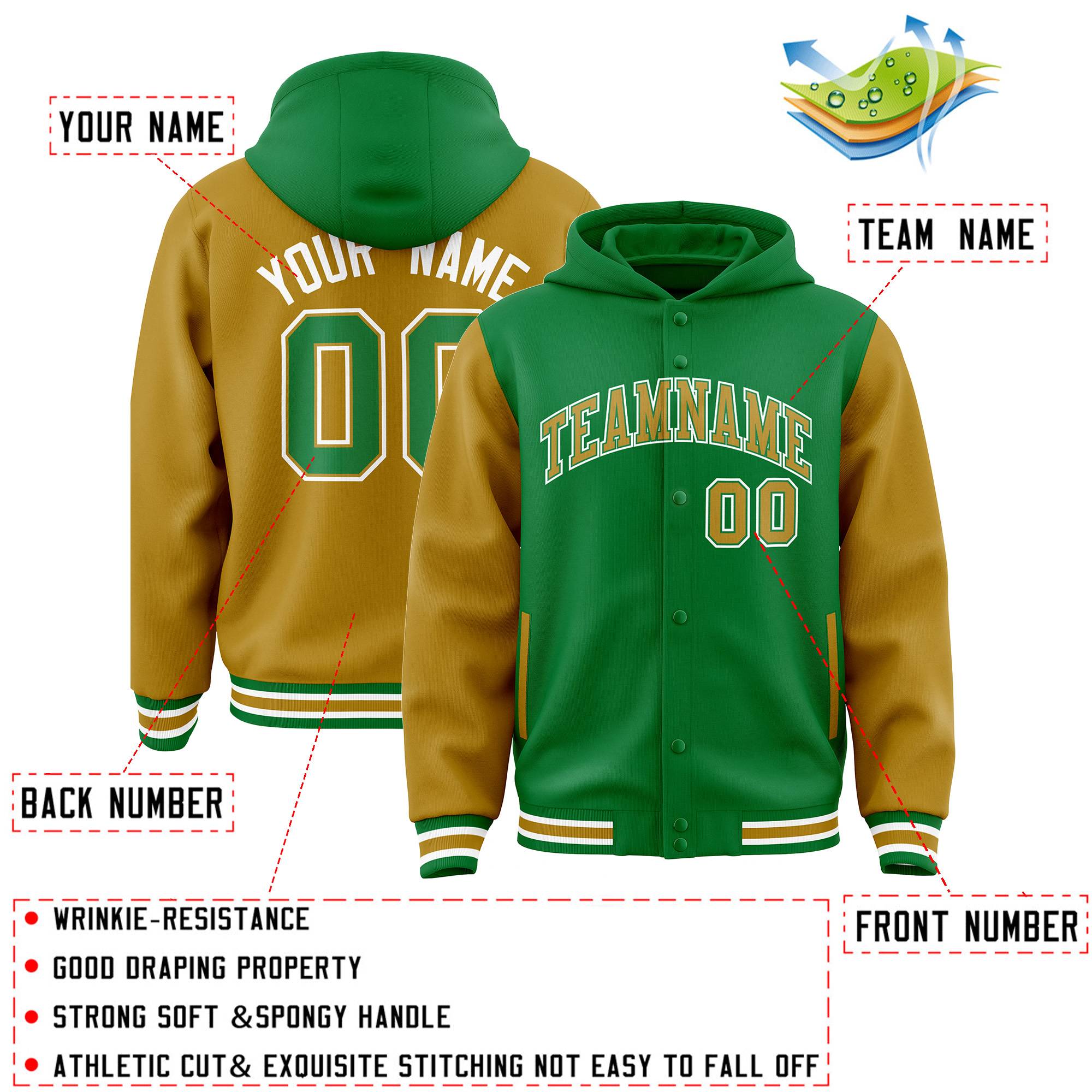 Custom Kelly Green Old Gold Raglan Sleeves Varsity Full-Snap Letterman Two Tone Jacket Hoodie| KXKSHOP