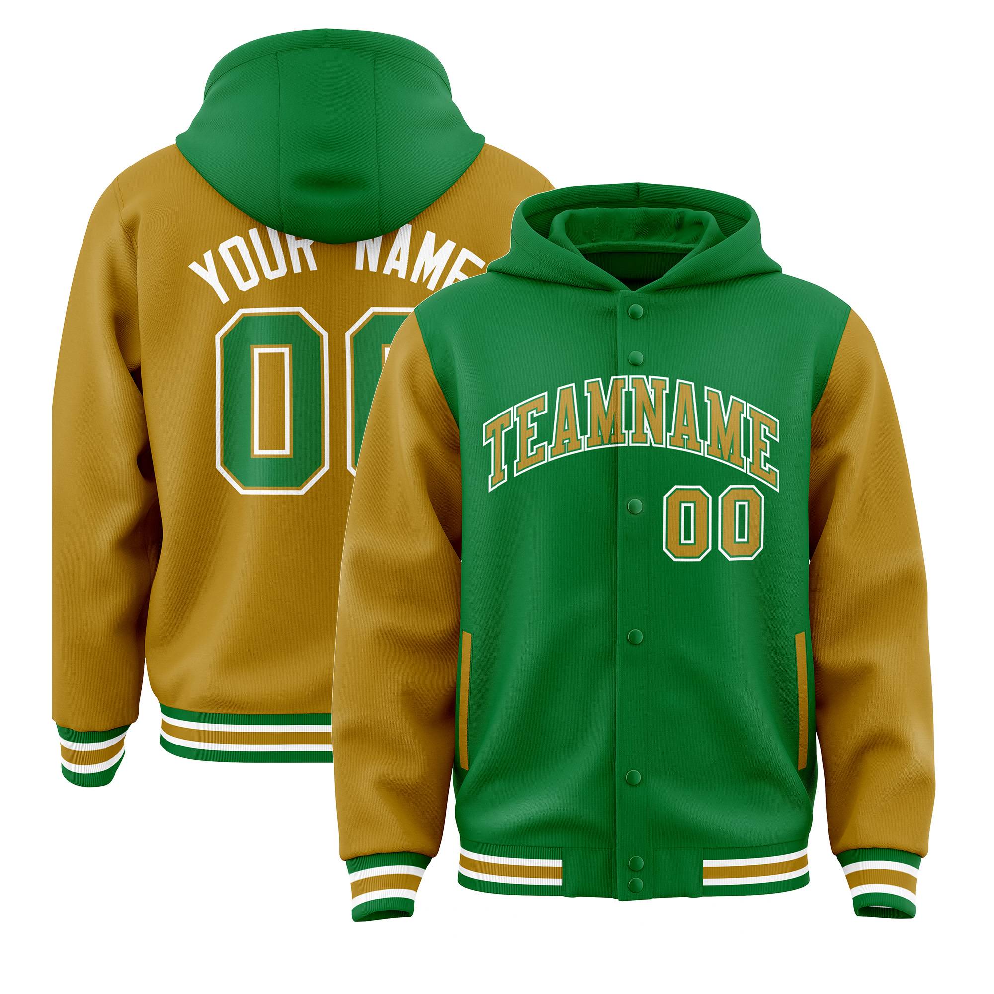 Custom Kelly Green Old Gold Raglan Sleeves Varsity Full-Snap Letterman Two Tone Jacket Hoodie| KXKSHOP