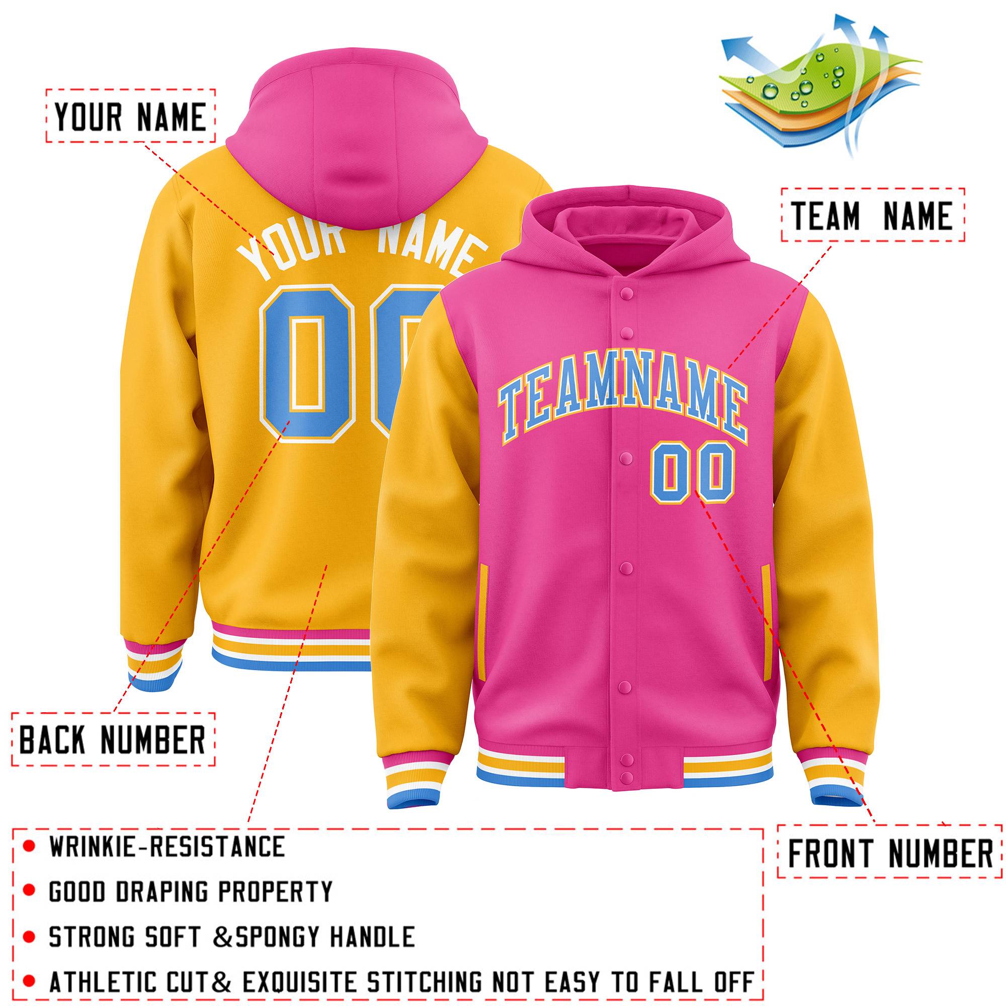 Custom Pink Gold Raglan Sleeves Varsity Full-Snap Letterman Two Tone Jacket Hoodie| KXKSHOP
