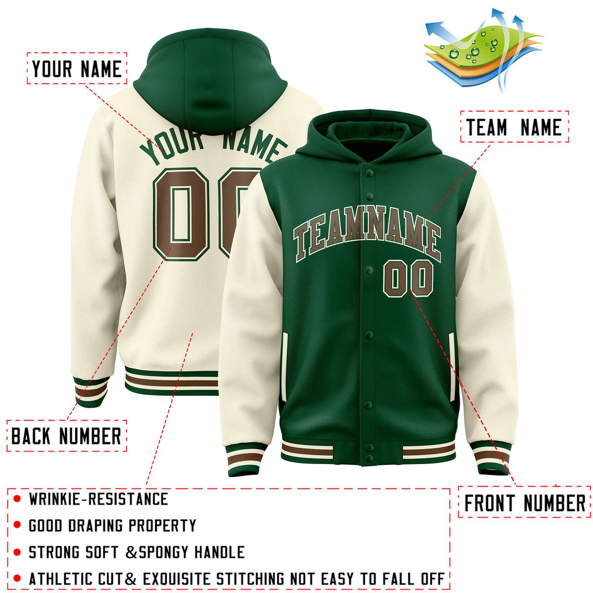 Custom Green Cream Raglan Sleeves Varsity Full-Snap Letterman Two Tone Jacket Hoodie| KXKSHOP