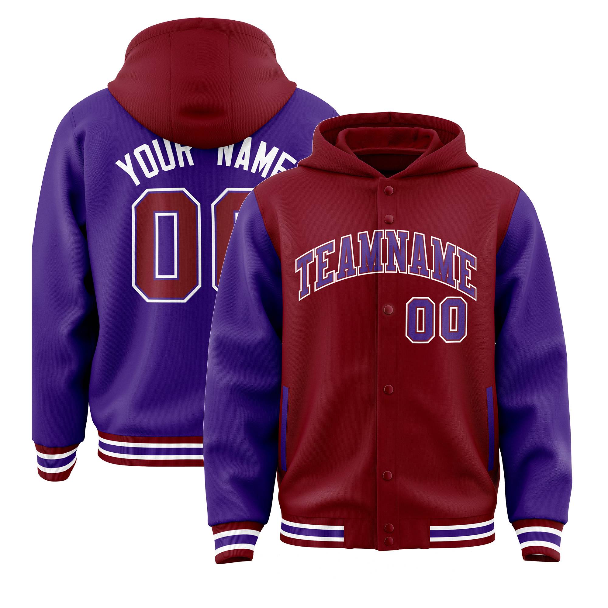 Custom Crimson Purple Raglan Sleeves Varsity Full-Snap Letterman Two Tone Jacket Hoodie| KXKSHOP