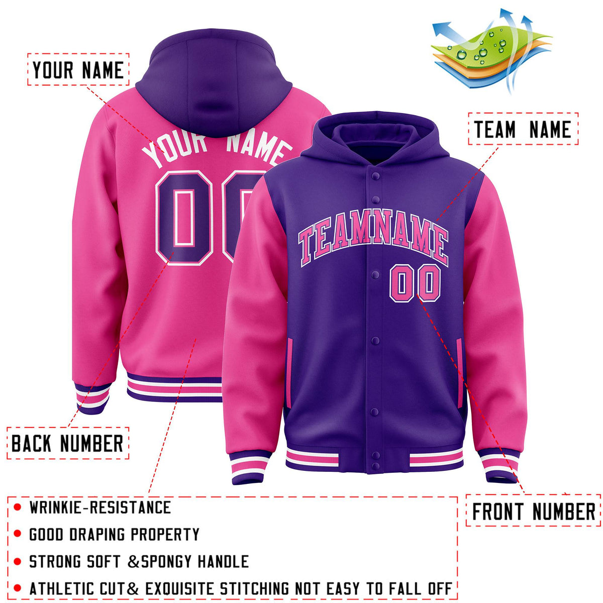 Custom Purple Pink Raglan Sleeves Varsity Full-Snap Letterman Two Tone Jacket Hoodie| KXKSHOP
