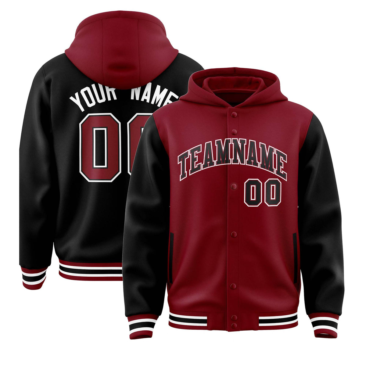 Custom Crimson Black Raglan Sleeves Varsity Full-Snap Letterman Two Tone Jacket Hoodie| KXKSHOP