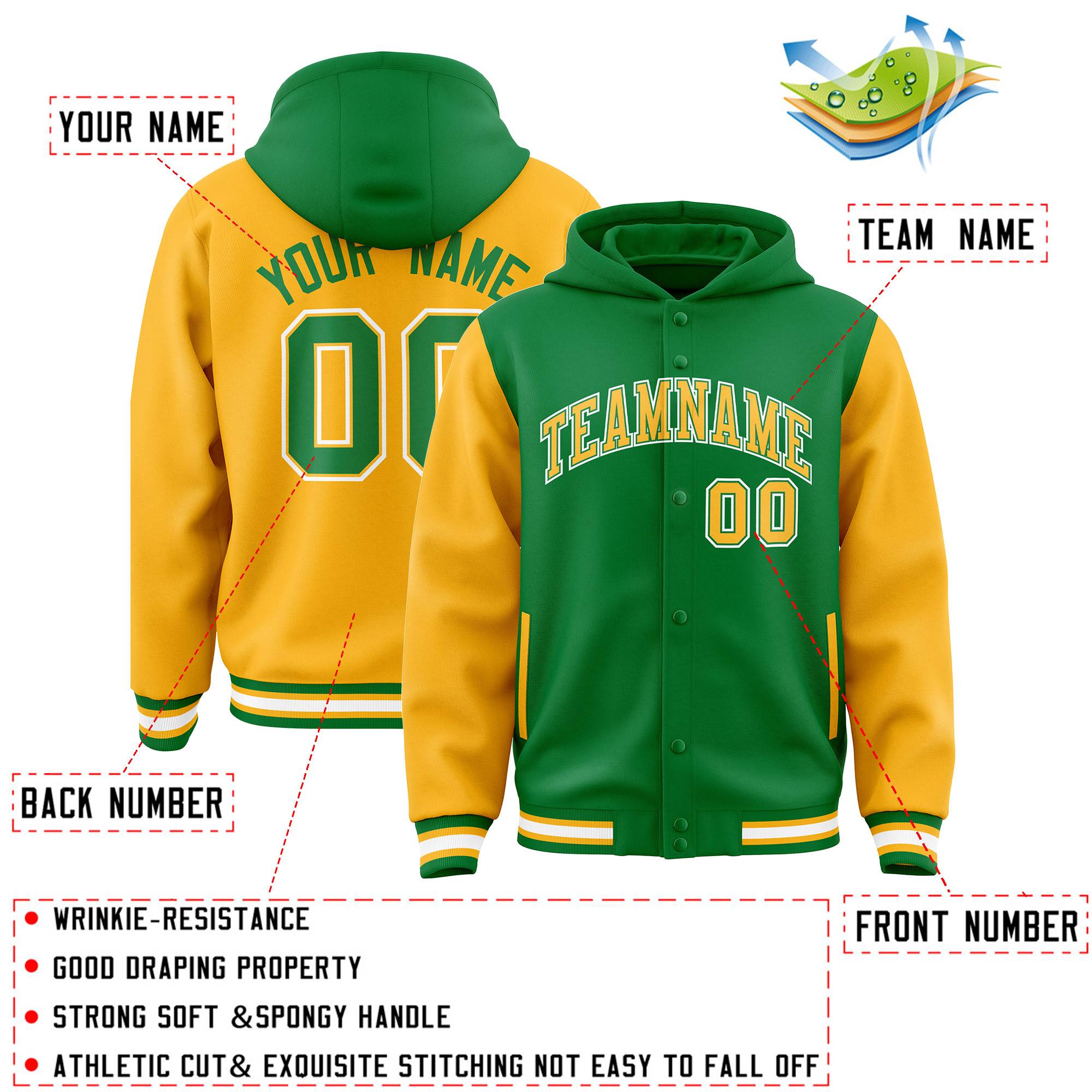 Custom Kelly Green Gold Raglan Sleeves Varsity Full-Snap Letterman Two Tone Jacket Hoodie| KXKSHOP