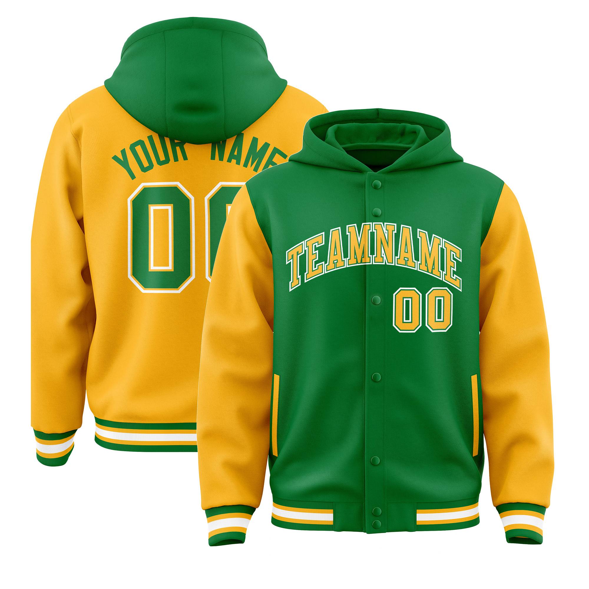Custom Kelly Green Gold Raglan Sleeves Varsity Full-Snap Letterman Two Tone Jacket Hoodie| KXKSHOP
