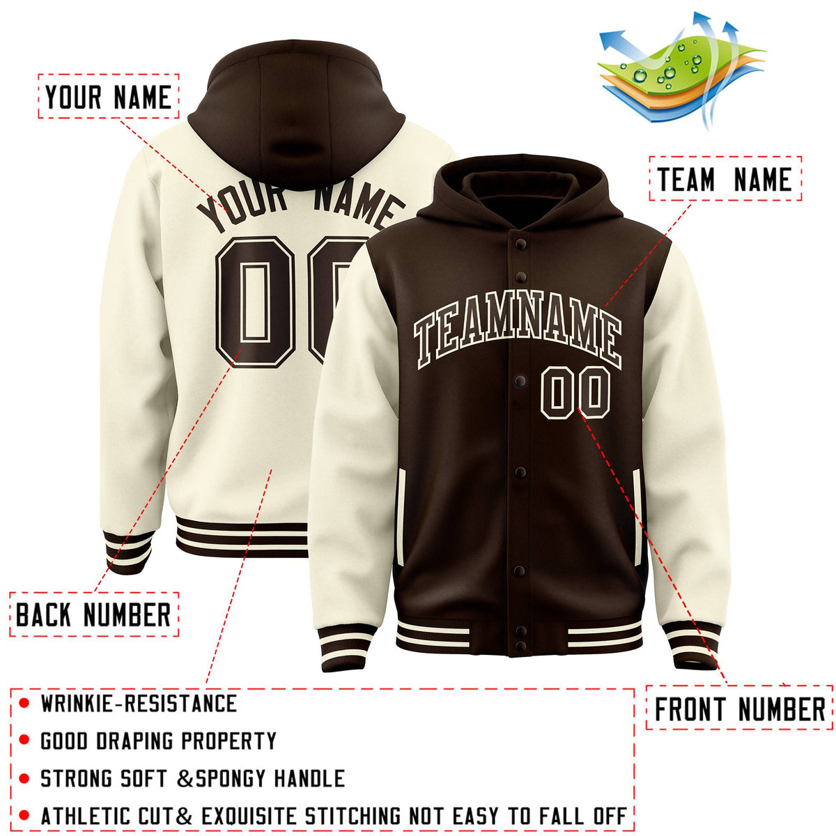 Custom Brown Cream Raglan Sleeves Varsity Full-Snap Letterman Two Tone Jacket Hoodie| KXKSHOP
