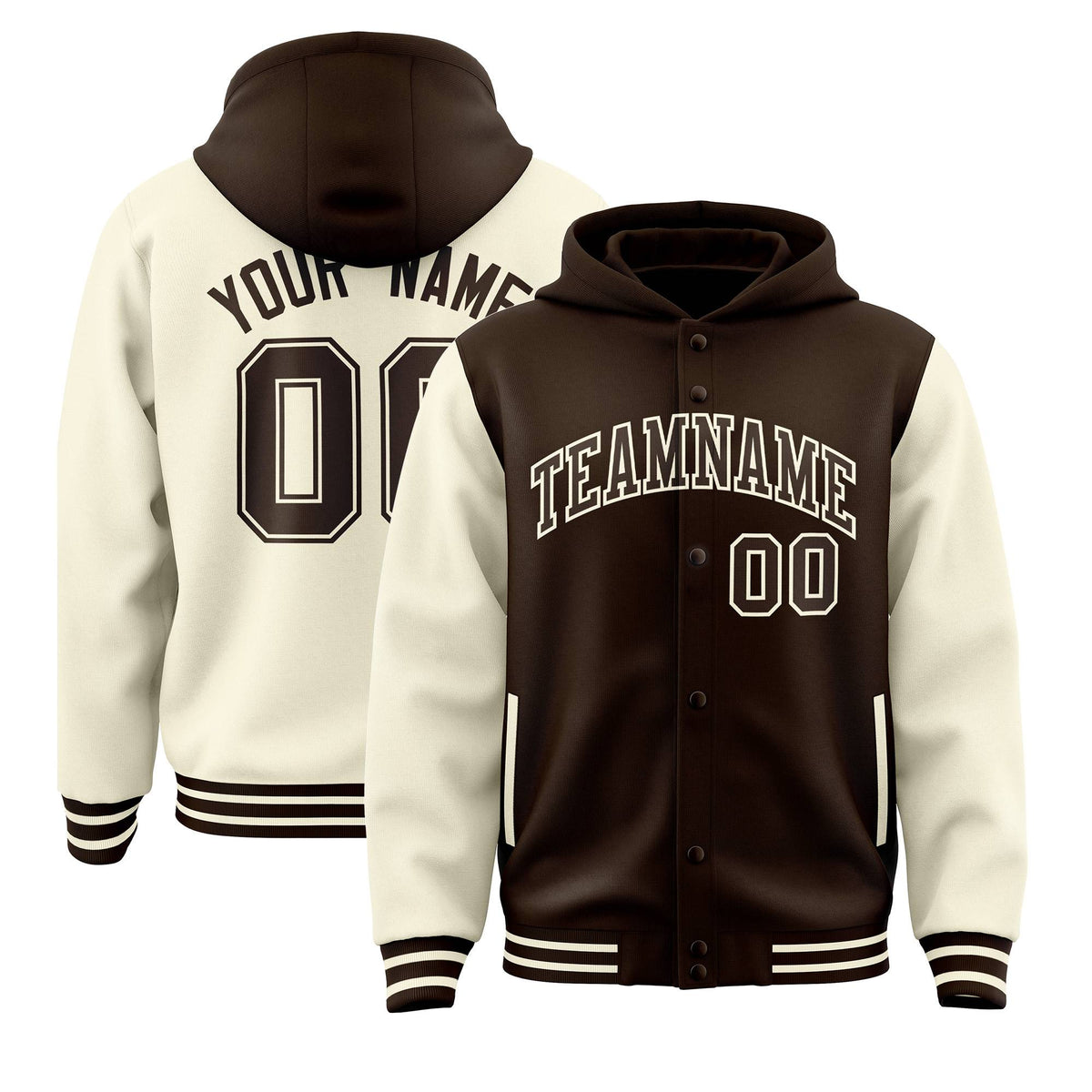 Custom Brown Cream Raglan Sleeves Varsity Full-Snap Letterman Two Tone Jacket Hoodie| KXKSHOP
