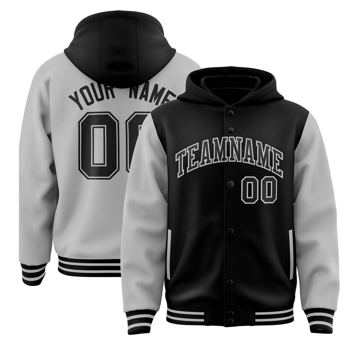 Custom Black Gray Raglan Sleeves Varsity Full-Snap Letterman Two Tone Jacket Hoodie| KXKSHOP