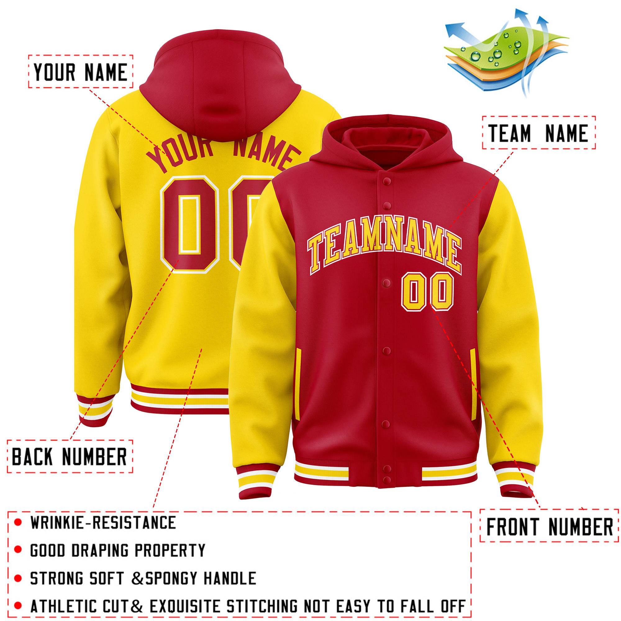 Custom Red Gold Raglan Sleeves Varsity Full-Snap Letterman Two Tone Jacket Hoodie| KXKSHOP