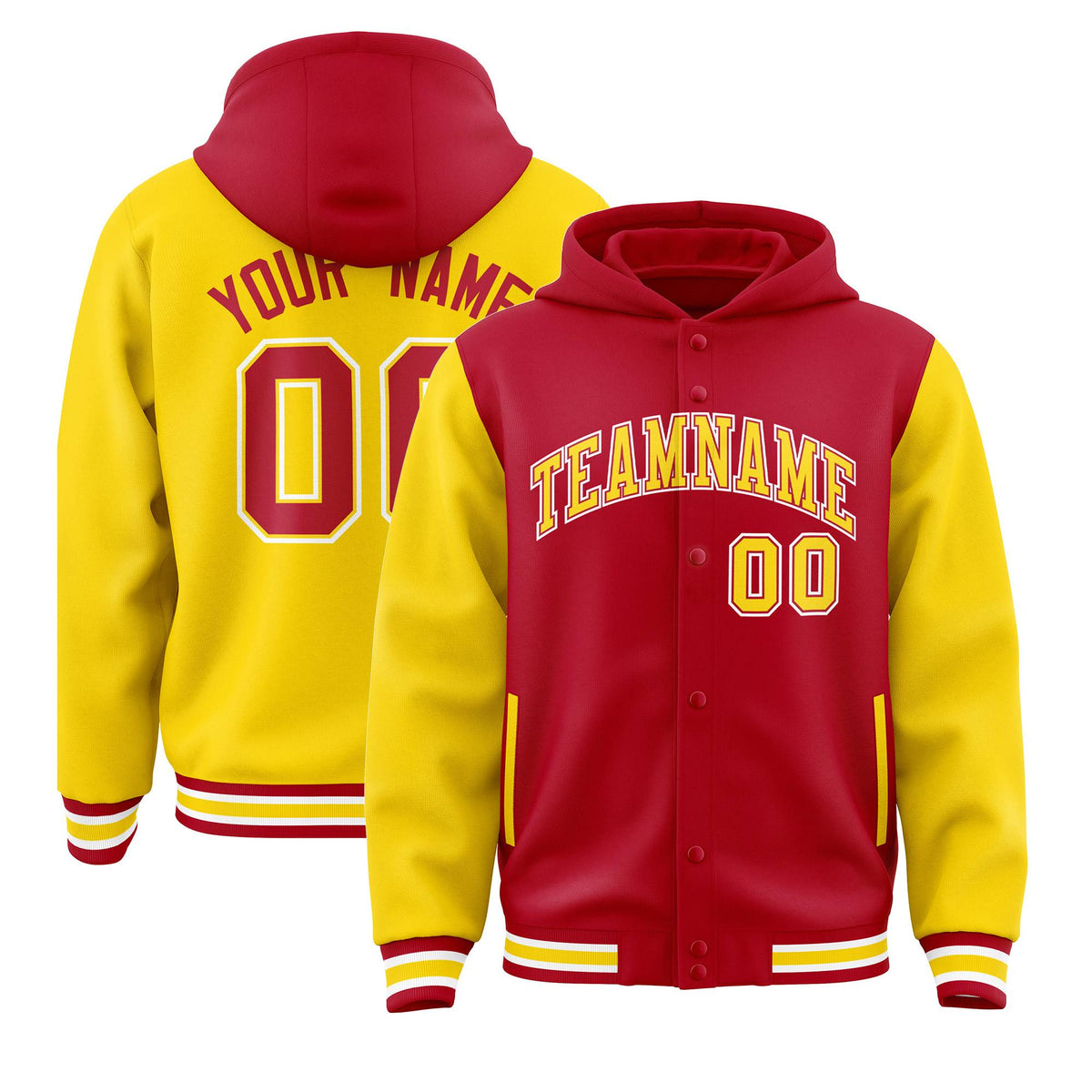 Custom Red Gold Raglan Sleeves Varsity Full-Snap Letterman Two Tone Jacket Hoodie| KXKSHOP