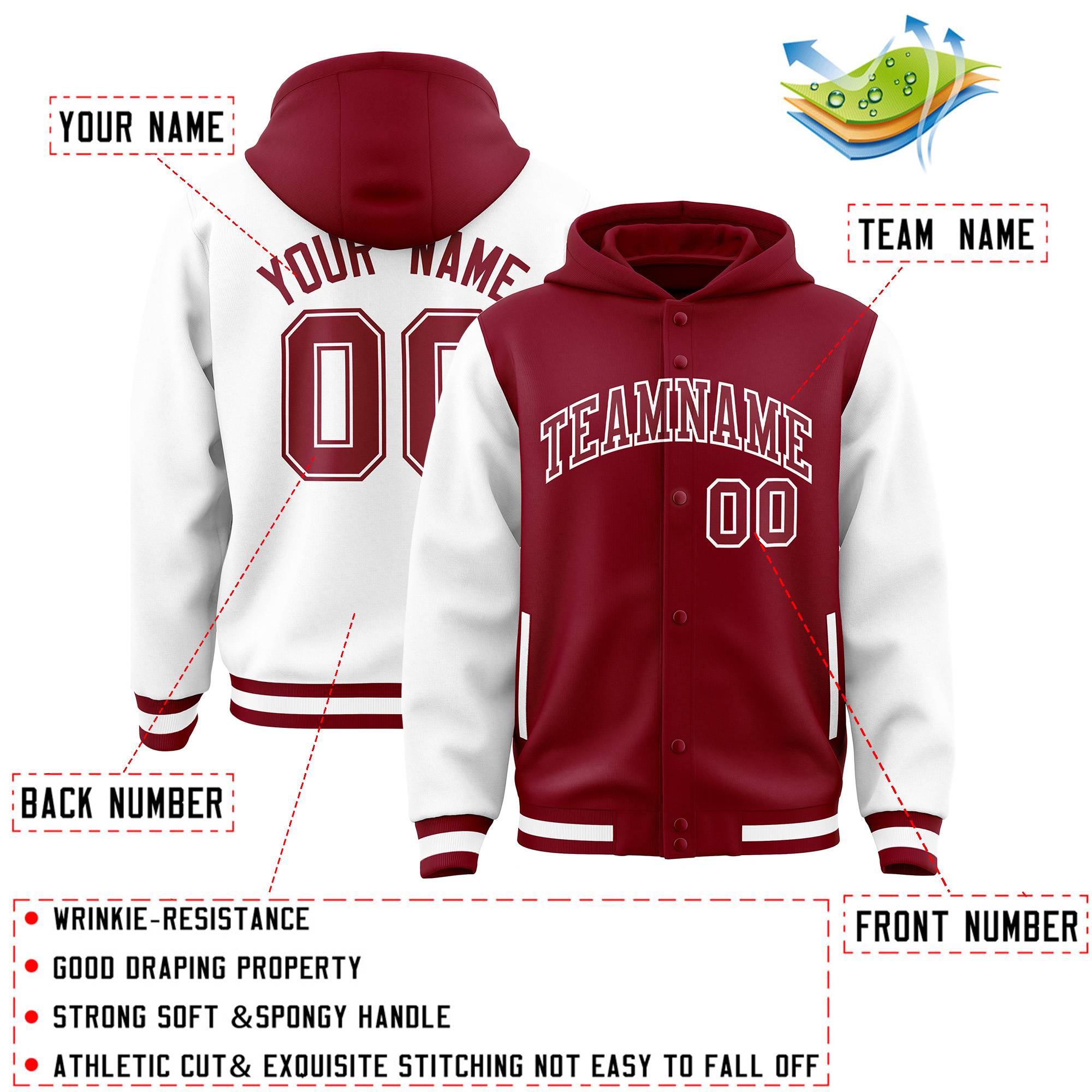 Custom Crimson White Raglan Sleeves Varsity Full-Snap Letterman Two Tone Jacket Hoodie| KXKSHOP