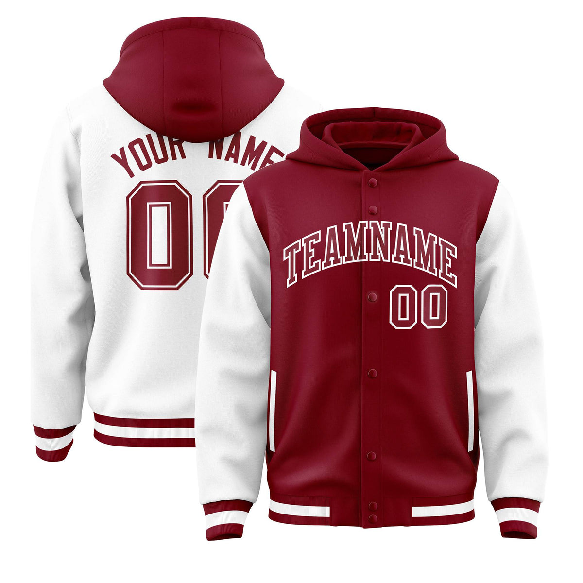 Custom Crimson White Raglan Sleeves Varsity Full-Snap Letterman Two Tone Jacket Hoodie| KXKSHOP