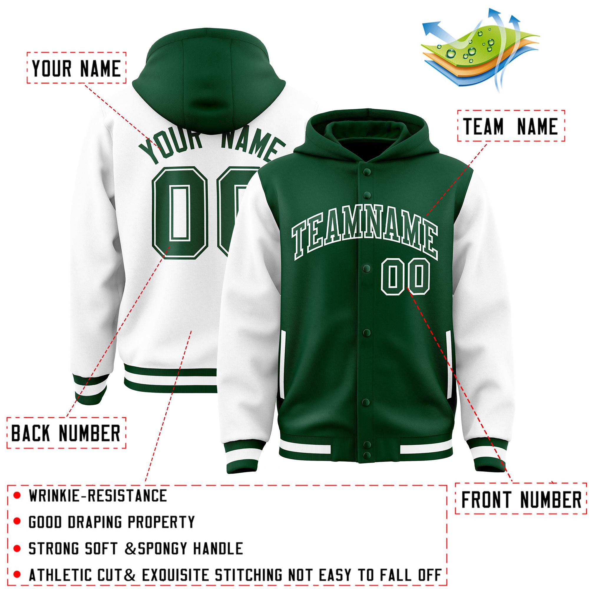 Custom Green White Raglan Sleeves Varsity Full-Snap Letterman Two Tone Jacket Hoodie| KXKSHOP