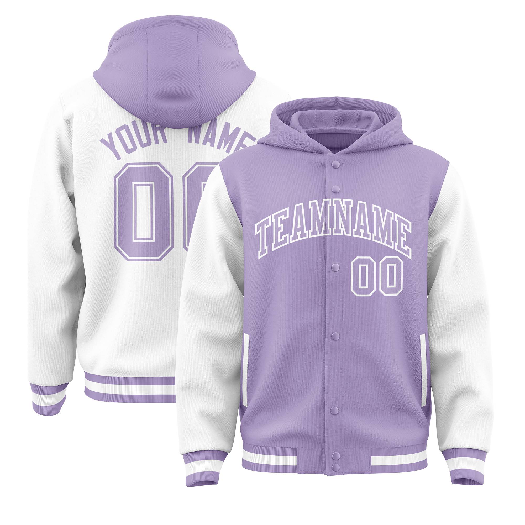 Custom Light Purple White Raglan Sleeves Varsity Full-Snap Letterman Two Tone Jacket Hoodie| KXKSHOP