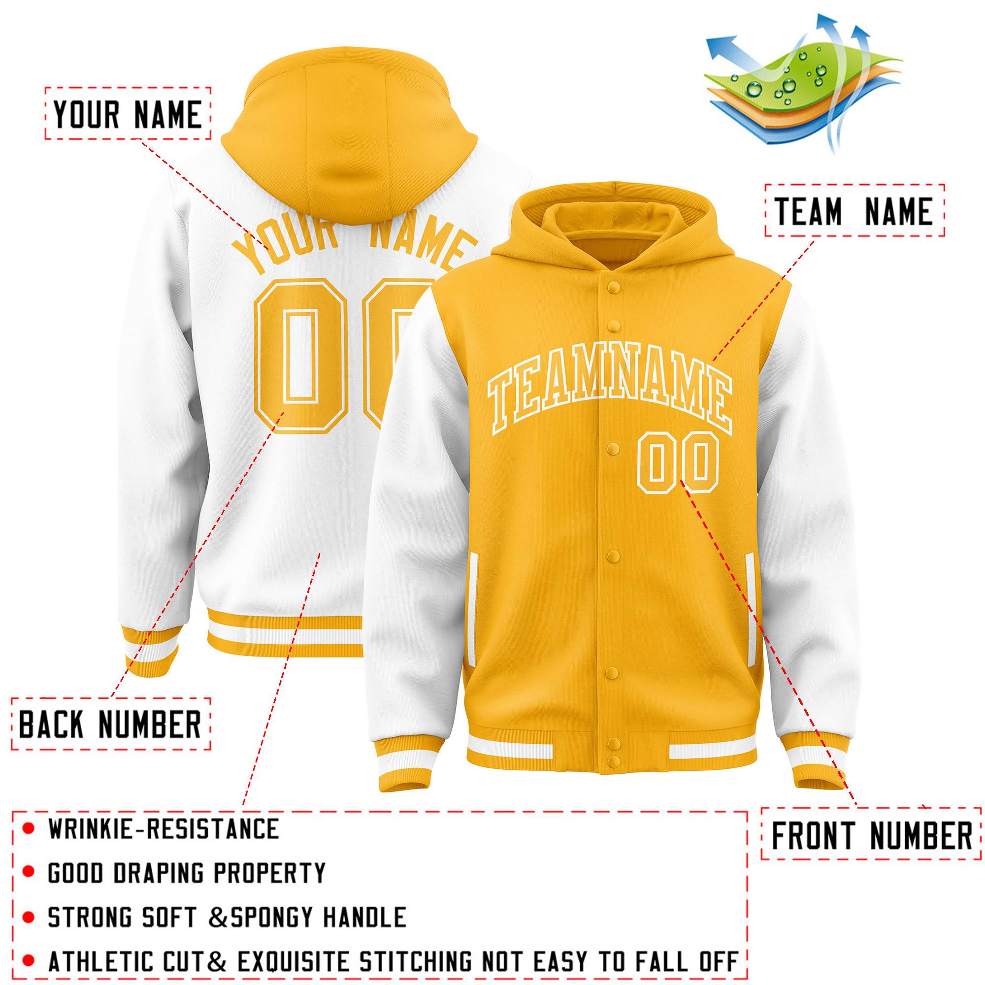 Custom Gold White Raglan Sleeves Varsity Full-Snap Letterman Two Tone Jacket Hoodie| KXKSHOP