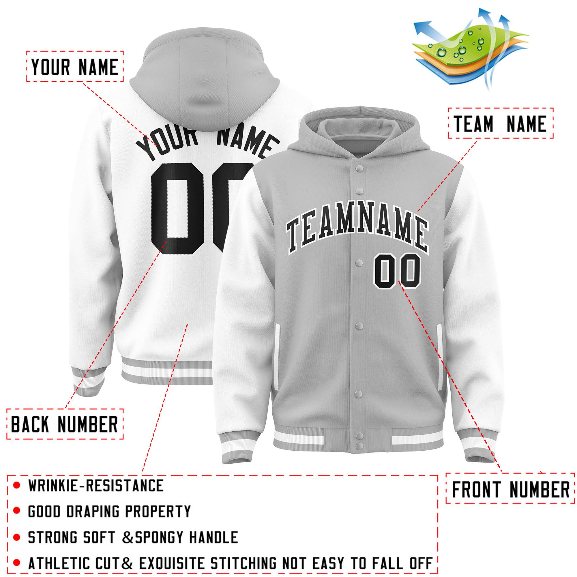 Custom Gray White Raglan Sleeves Varsity Full-Snap Letterman Two Tone Jacket Hoodie| KXKSHOP