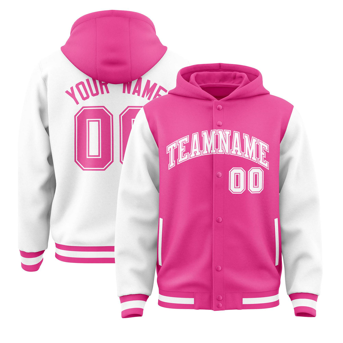 Custom Pink White Raglan Sleeves Varsity Full-Snap Letterman Two Tone Jacket Hoodie| KXKSHOP