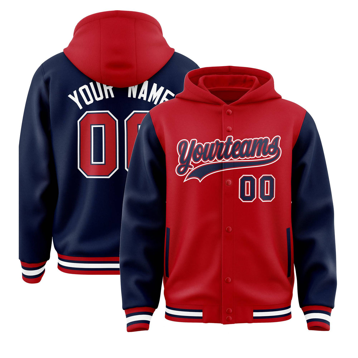 Custom Red Navy Raglan Sleeves Varsity Full-Snap Letterman Two Tone Jacket Hoodie| KXKSHOP