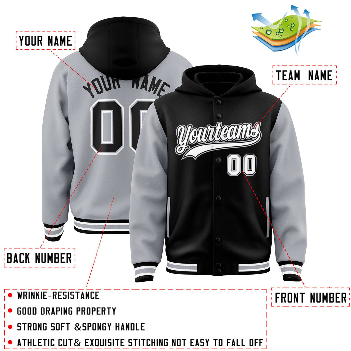 Custom Black Gray Raglan Sleeves Varsity Full-Snap Letterman Two Tone Jacket Hoodie| KXKSHOP
