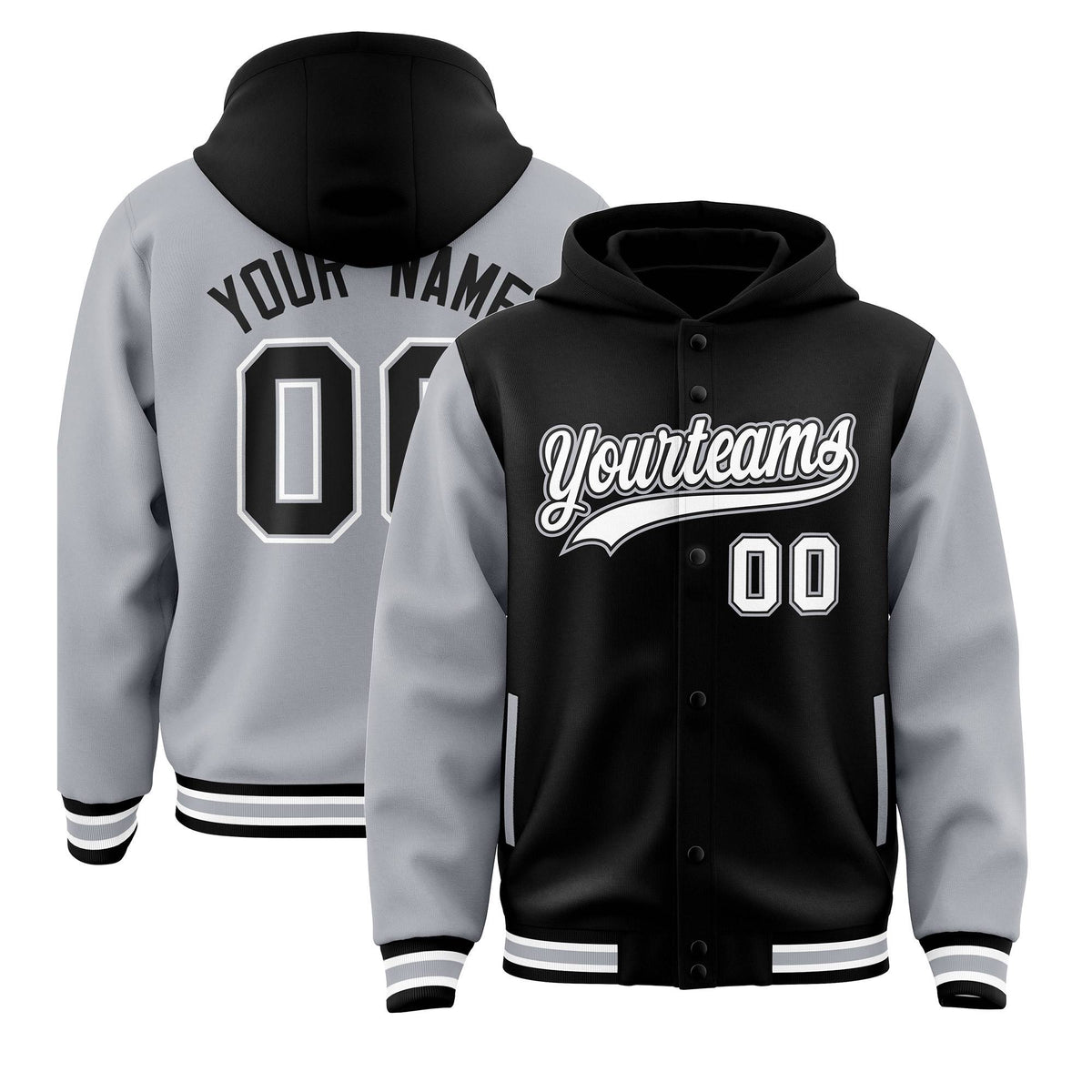 Custom Black Gray Raglan Sleeves Varsity Full-Snap Letterman Two Tone Jacket Hoodie| KXKSHOP
