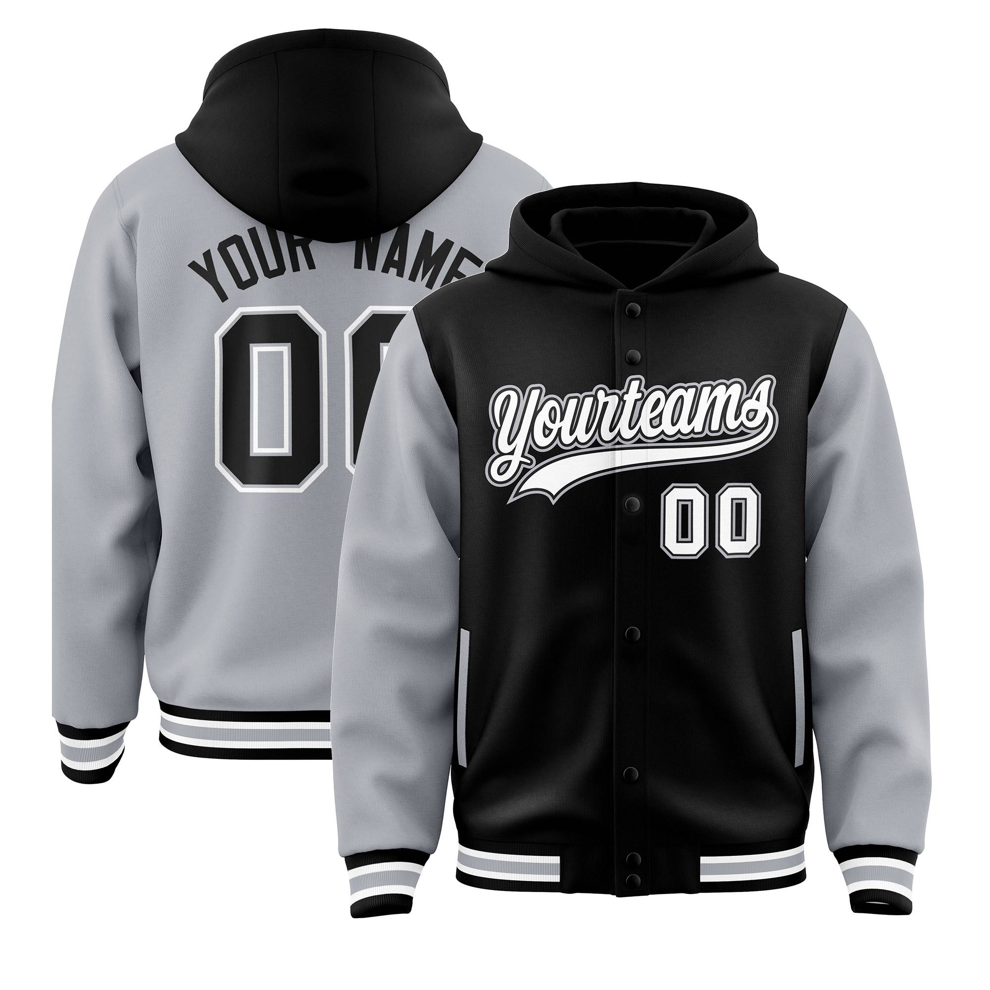 Custom Black Gray Raglan Sleeves Varsity Full-Snap Letterman Two Tone Jacket Hoodie| KXKSHOP
