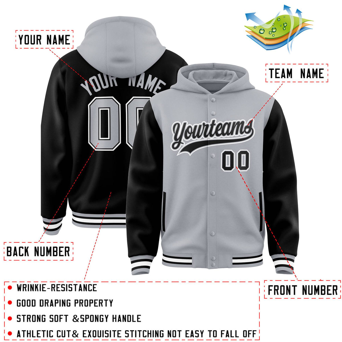 Custom Gray Black Raglan Sleeves Varsity Full-Snap Letterman Two Tone Jacket Hoodie| KXKSHOP