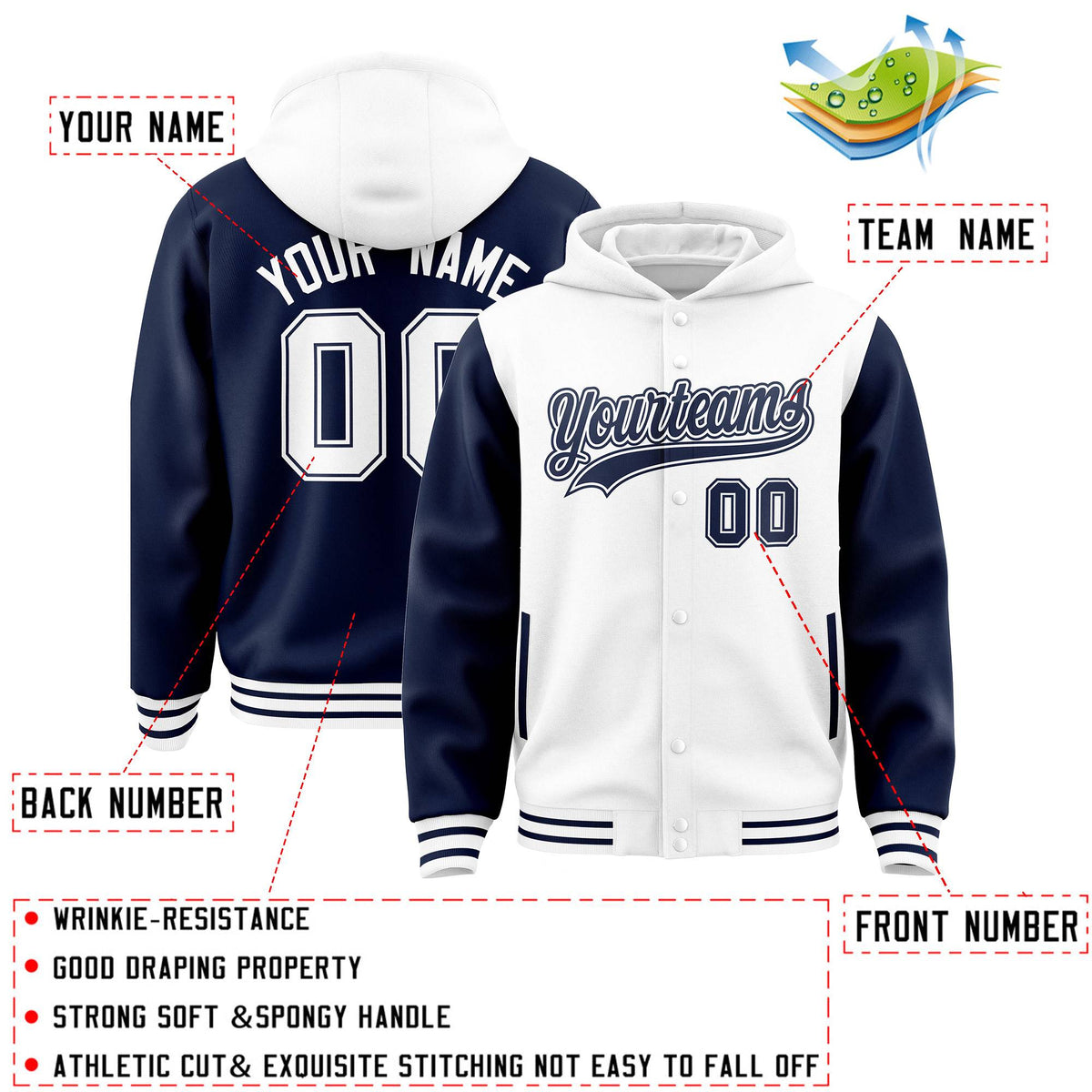 Custom White Navy Raglan Sleeves Varsity Full-Snap Letterman Two Tone Jacket Hoodie| KXKSHOP