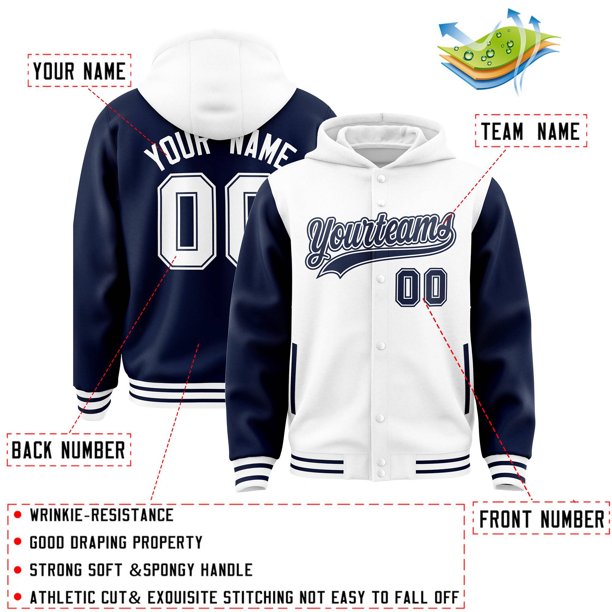 Custom White Navy Raglan Sleeves Varsity Full-Snap Letterman Two Tone Jacket Hoodie| KXKSHOP