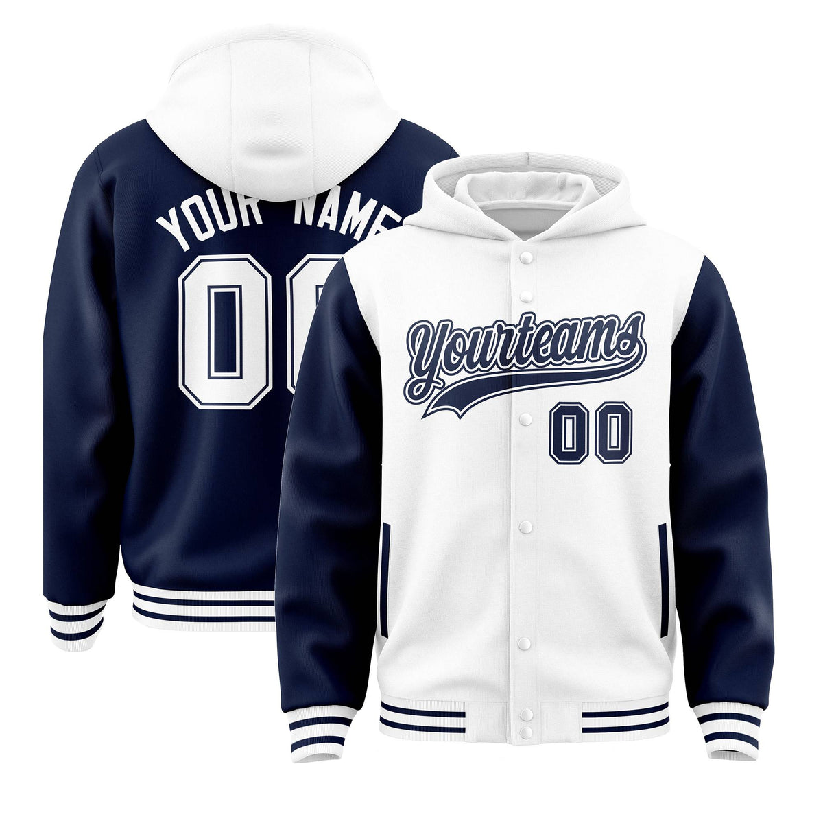 Custom White Navy Raglan Sleeves Varsity Full-Snap Letterman Two Tone Jacket Hoodie| KXKSHOP