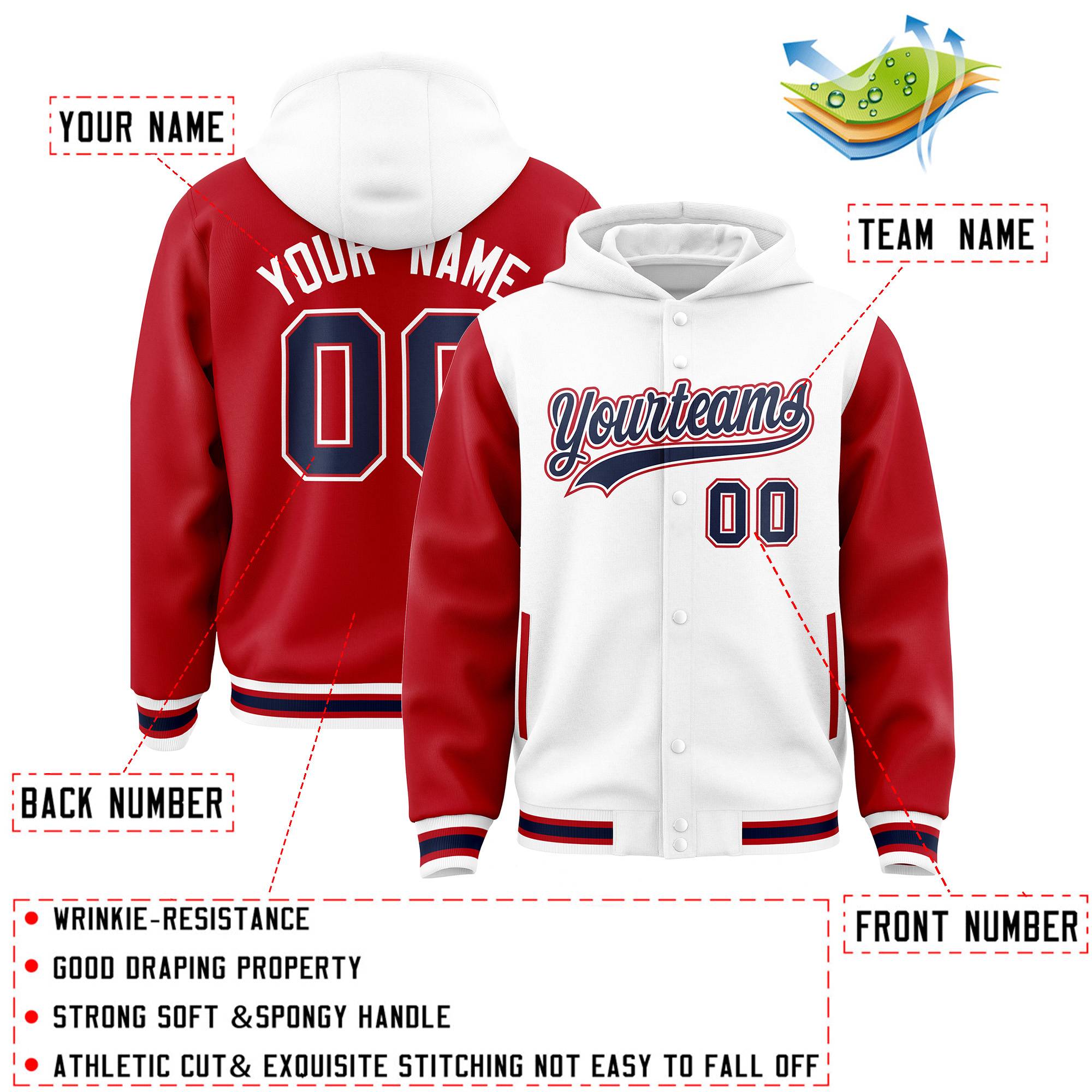 Custom White Red Raglan Sleeves Varsity Full-Snap Letterman Two Tone Jacket Hoodie| KXKSHOP