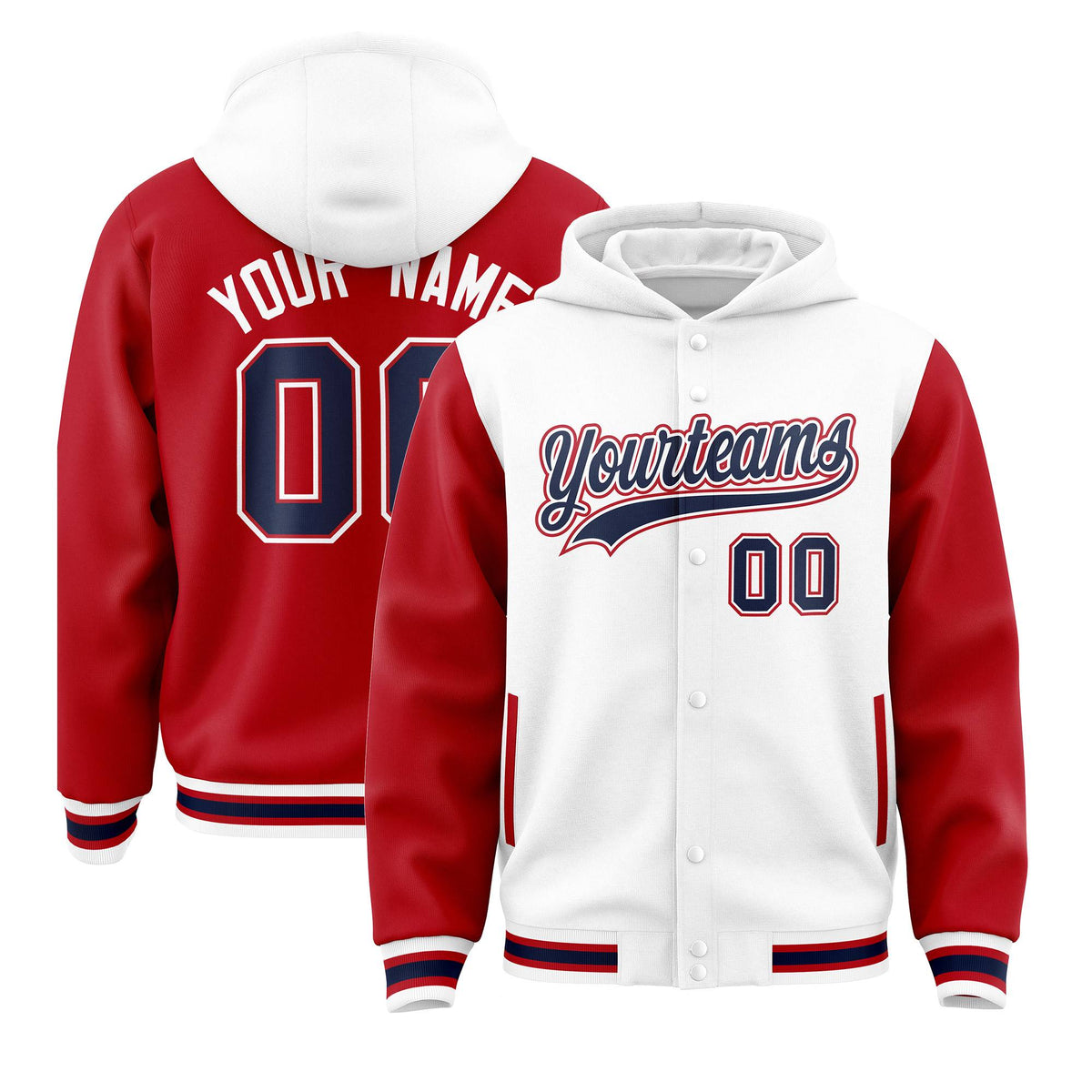 Custom White Red Raglan Sleeves Varsity Full-Snap Letterman Two Tone Jacket Hoodie| KXKSHOP