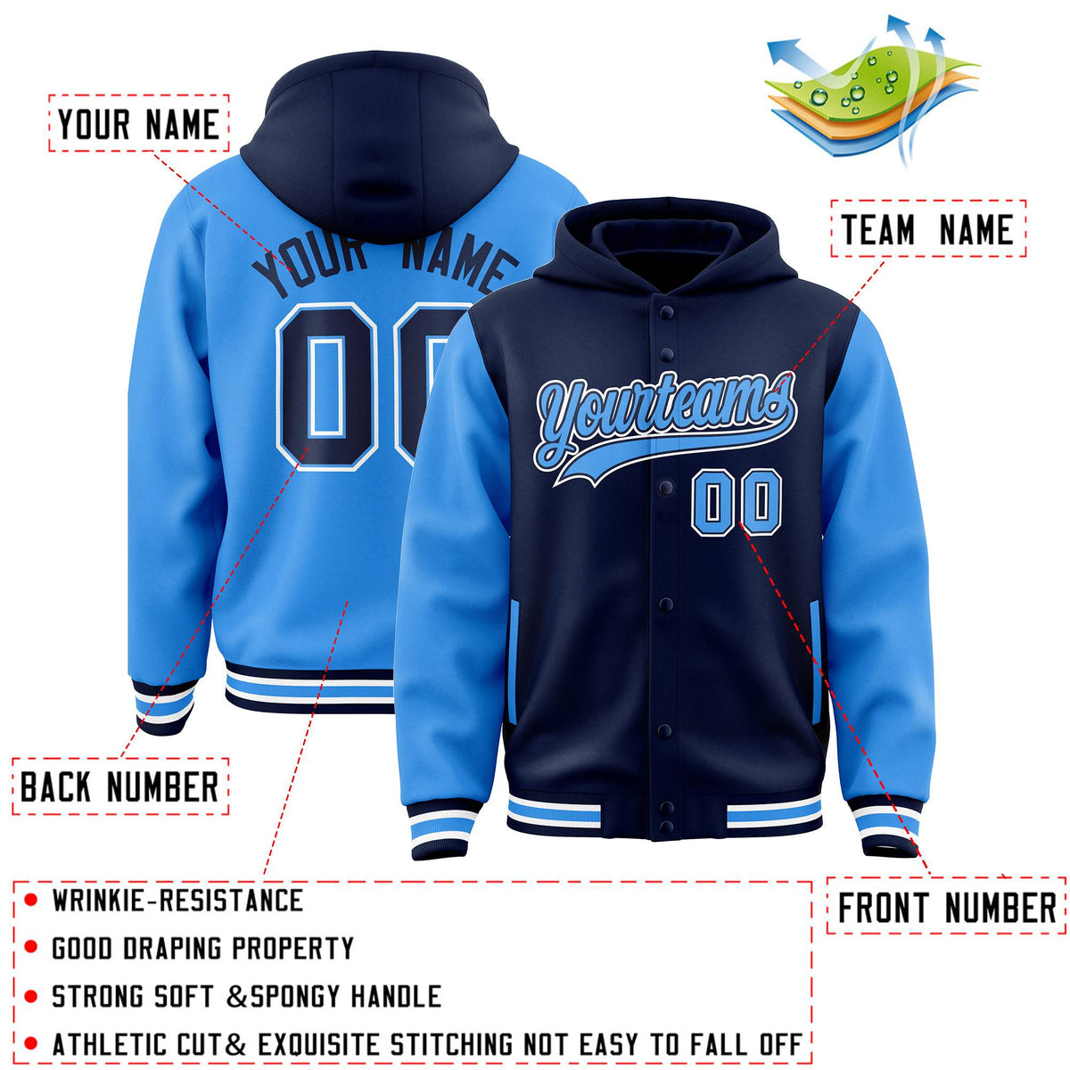 Custom Navy Powder Blue Raglan Sleeves Varsity Full-Snap Letterman Two Tone Jacket Hoodie| KXKSHOP