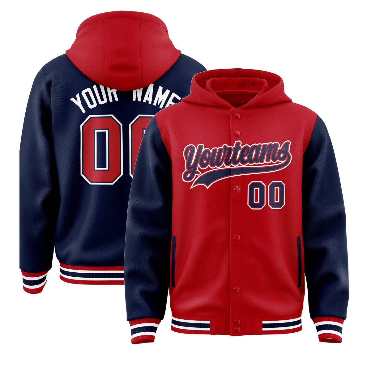 Custom Red Navy Raglan Sleeves Varsity Full-Snap Letterman Two Tone Jacket Hoodie| KXKSHOP