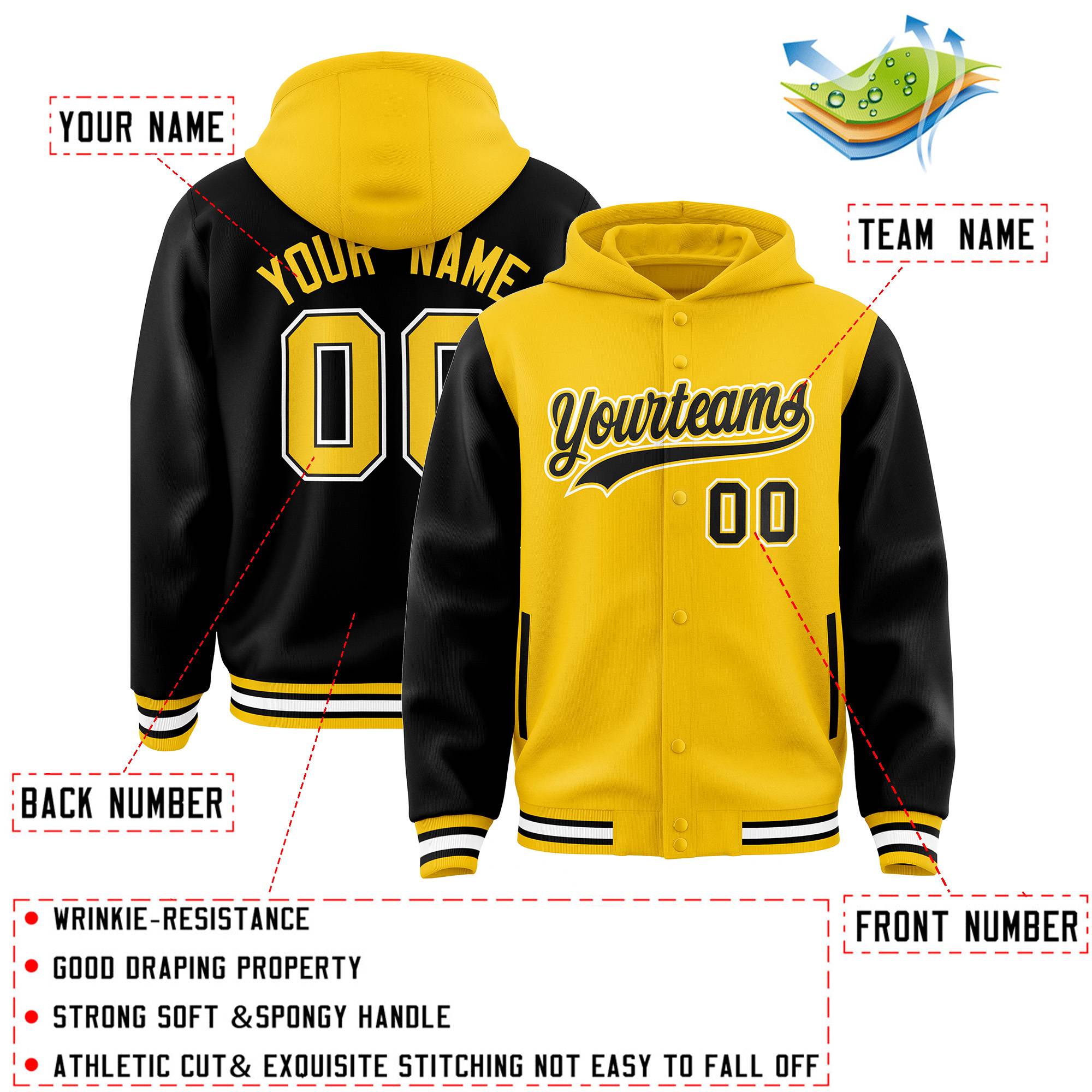 Custom Gold Black Raglan Sleeves Varsity Full-Snap Letterman Two Tone Jacket Hoodie| KXKSHOP